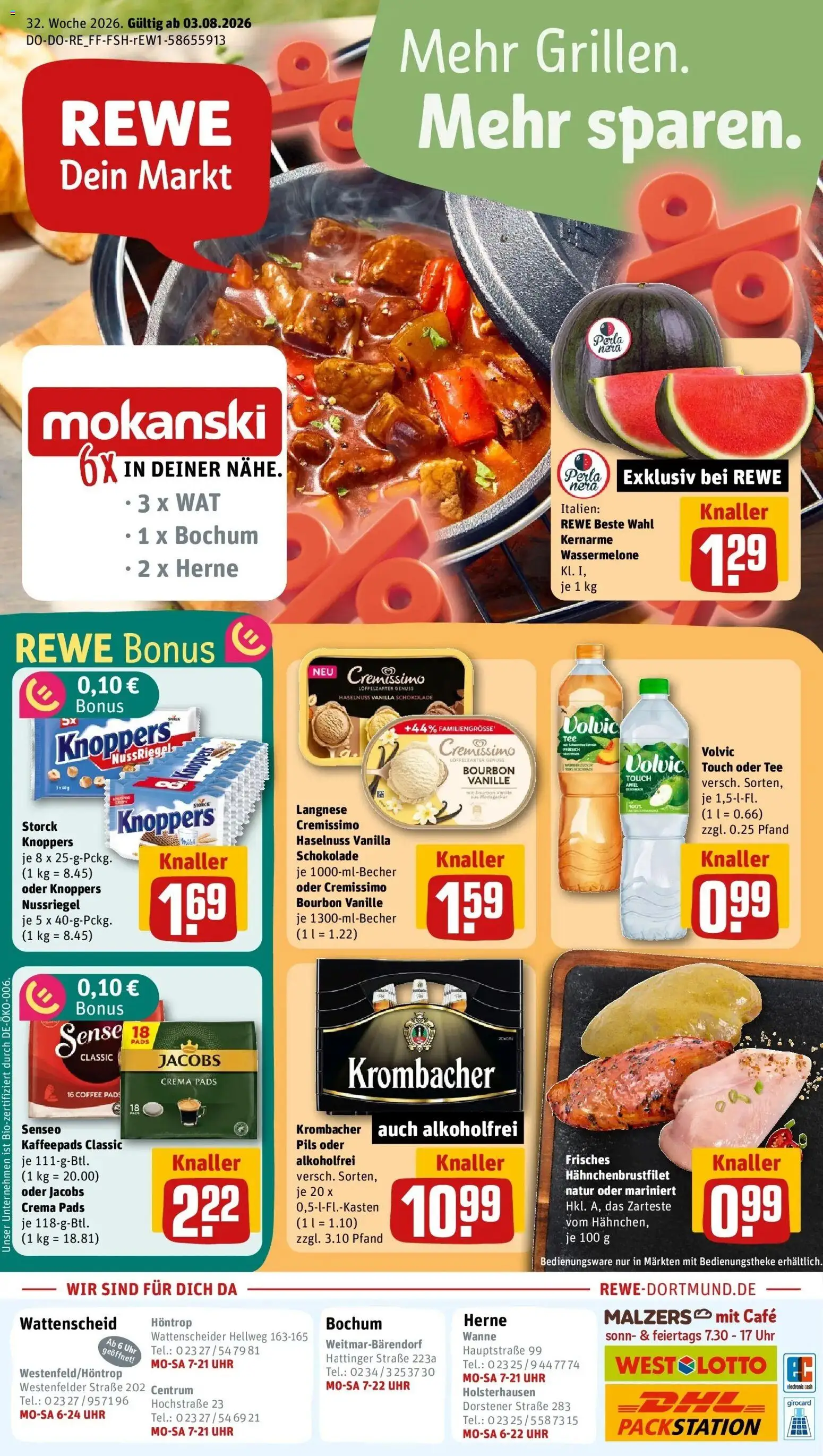 Vorschau von dem Prospekt des Geschäftes Rewe, gültig ab dem 03.08.2026 - Uhr, Schokolade, Tee, Pfirsich, Wassermelone, Bourbon, Langnese, Cremissimo