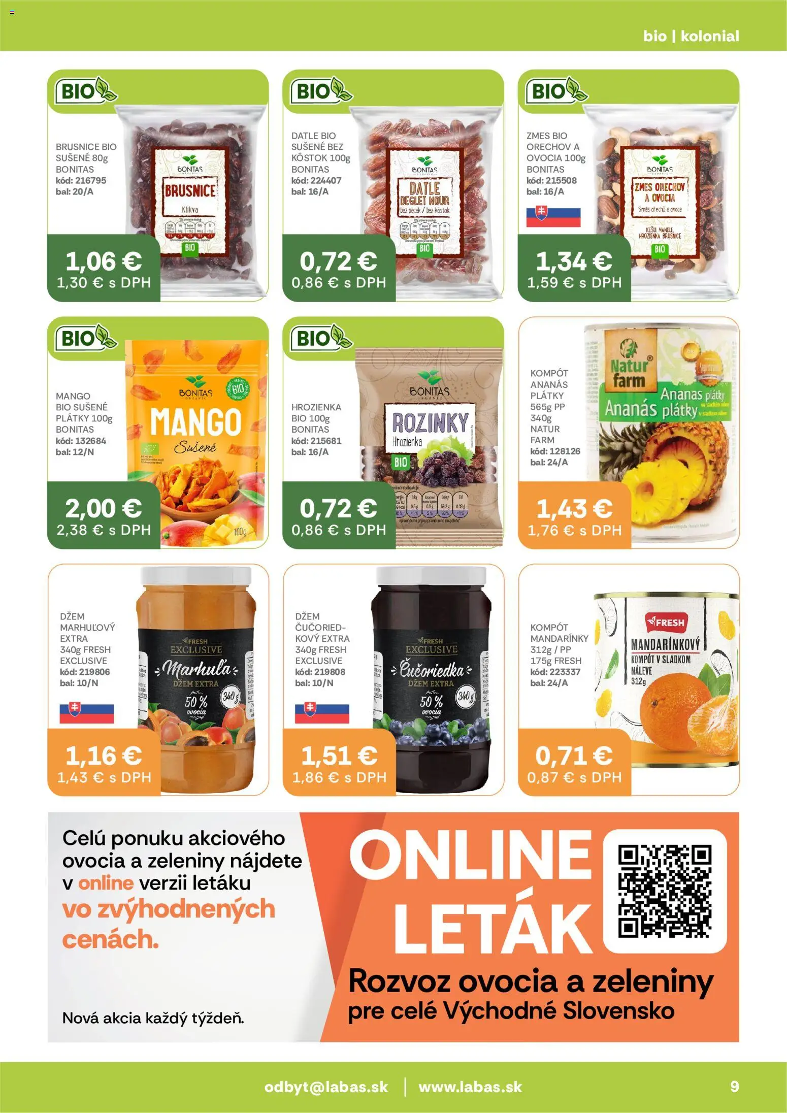 Náhľad Labaš letáku platného od 09.10.2026 - Mango, Brusnice, Ananás, Džem, Mandarinky, Hrozienka
