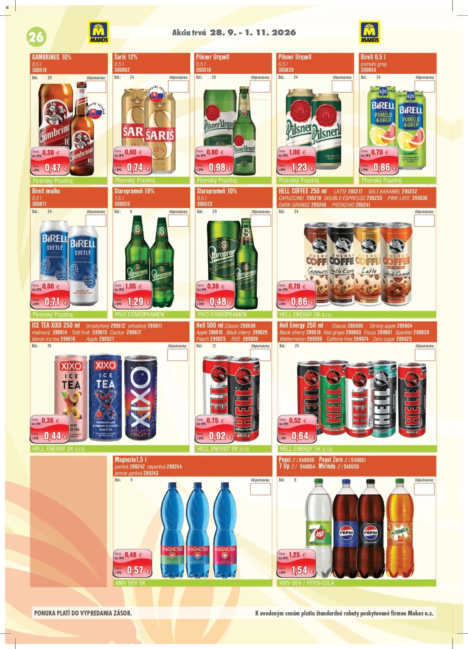 Náhľad Makos letáku platného od 28.09.2026 - Apple, Pilsner Urquell, Pepsi, Birell, Šariš, Grep, Gambrinus, Magnesia