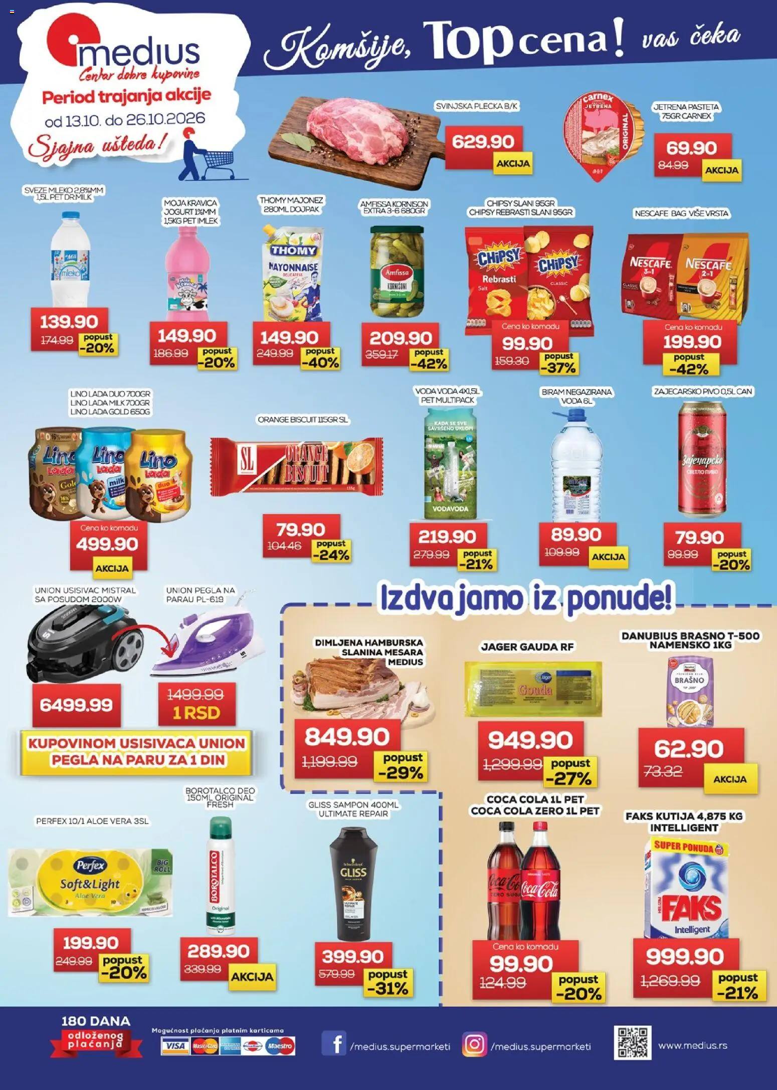 Pregled Medius kataloga - važi od 13.10.2026 - Coca Cola, Pegla na paru, Borotalco, Zaječarsko pivo, Pašteta, Šampon, Brašno, Svinjska plećka