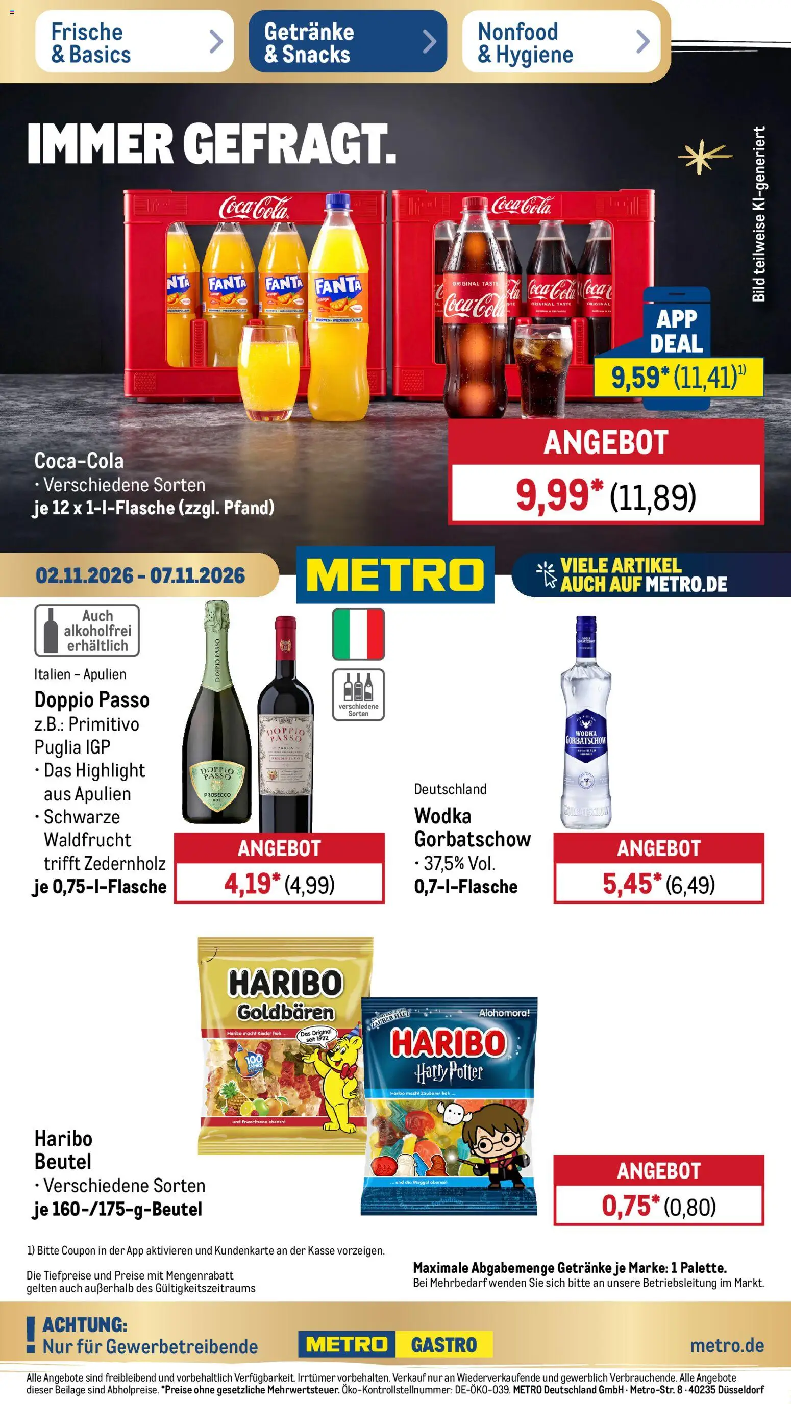 Vorschau von dem Prospekt des Geschäftes Metro, gültig ab dem 02.11.2026 - Coca cola, Haribo, Cola, Prosecco, Fanta, Wodka, Wodka gorbatschow, Doppio Passo