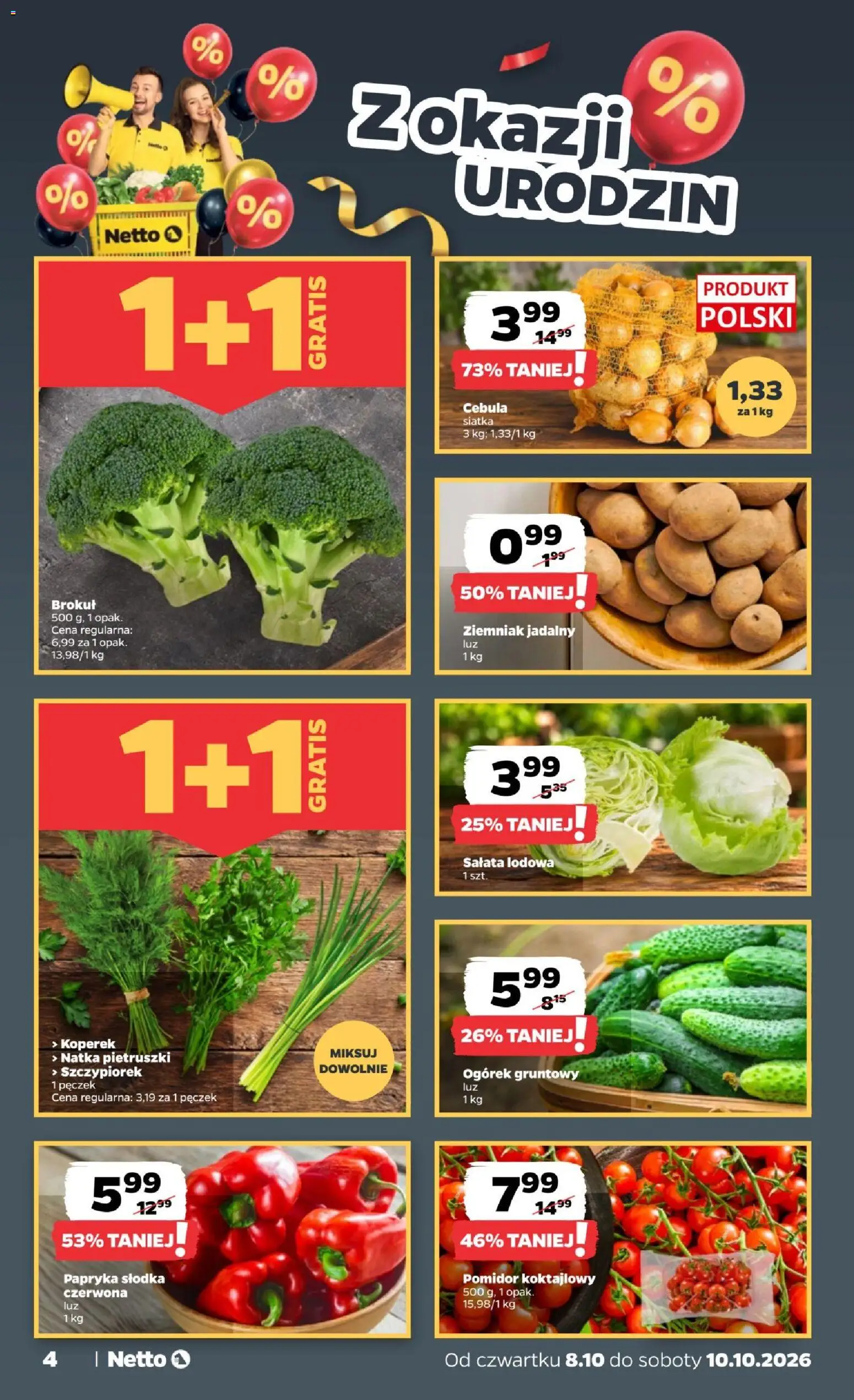 Pogląd gazetki "Netto gazetka od czwartku" ze sklepu Netto ważnej od 08.10.2026 - Pomidor, Ogórek, Siatka, Koperek, Bell, Natka pietruszki, Sałata, Salata lodowa