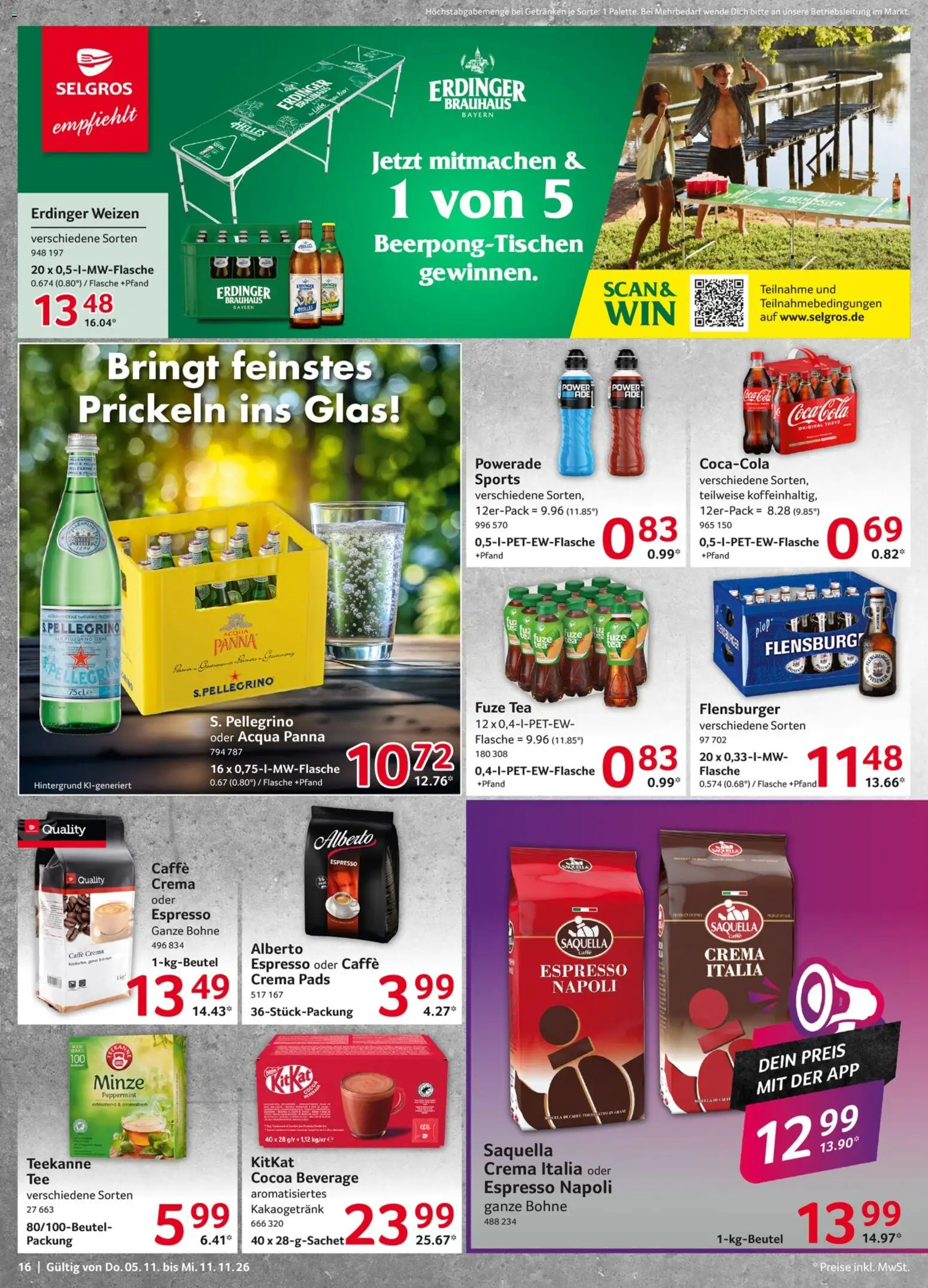 Vorschau von dem Prospekt des Geschäftes Selgros, gültig ab dem 05.11.2026 - Flensburger, Coca cola, Cola, Teekanne, Powerade, Fuze tea, Erdinger