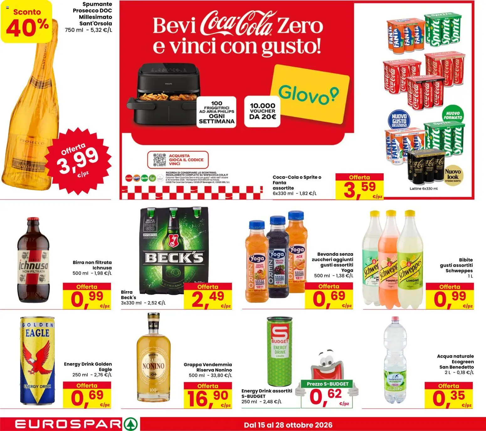 Anteprima dell'opuscolo Eurospar volantino Calalzo dal negozio Eurospar valido da 15/10/2026 - Acqua, The, Coca Cola, Birra, Limone, Prosecco, Grappa, Coca Cola Zero