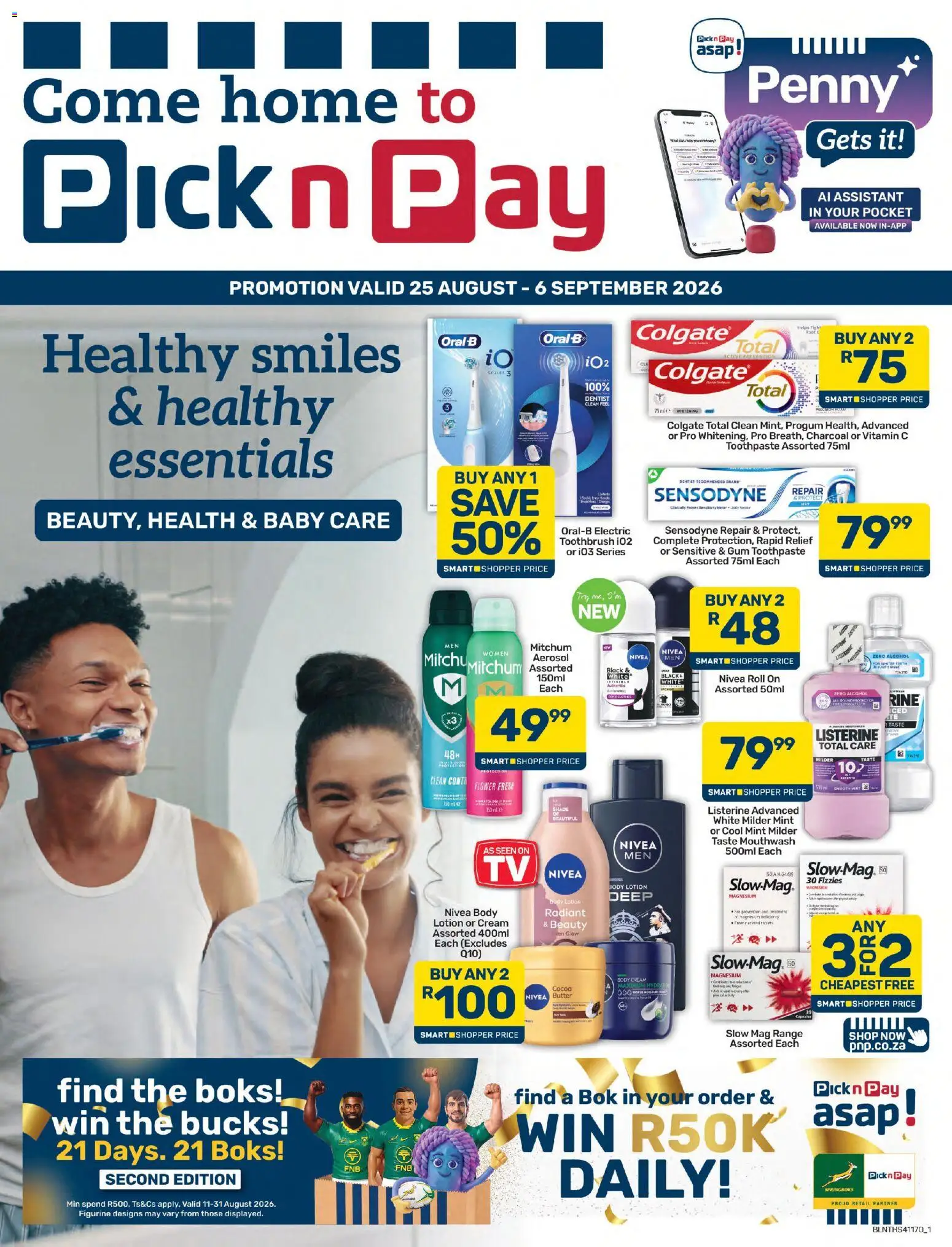 Preview of Pick n Pay flyer valid from 25/08/2026 - Cocoa, Alcohol, Butter, Mouthwash, Toothpaste, Toothbrush, Lotion, Body cream