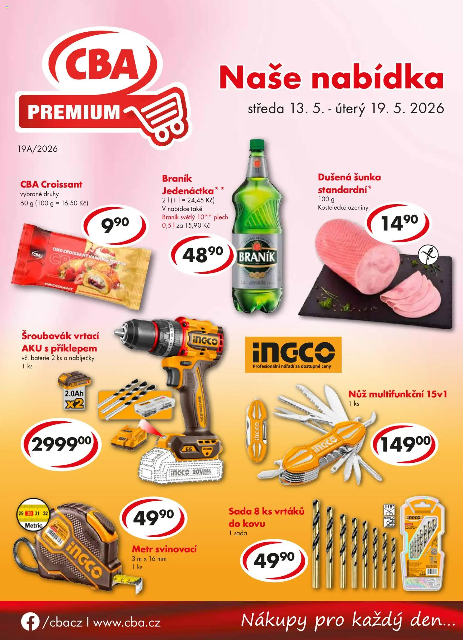 Náhled nabídky: CBA CBA leták - Premium platný od 13.05.2026 - Braník, Nůž, Croissant, Nářadí, Baterie, Plech, Šroubovák, Uzeniny