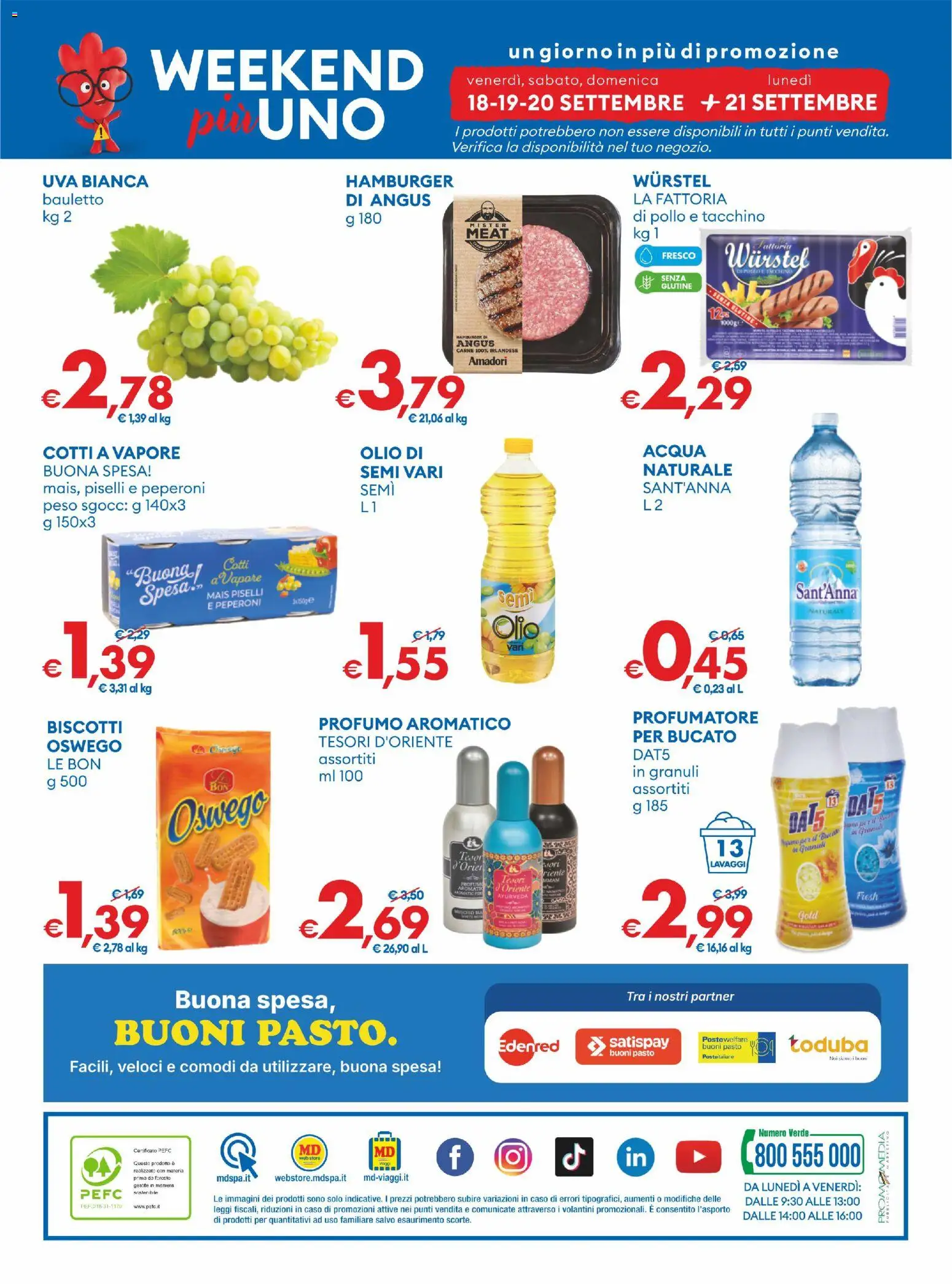 Anteprima dell'opuscolo MD Discount volantino dal negozio MD Discount valido da 08/09/2026 - Senza glutine, Pollo, Wurstel, Piselli, Olio, Profumo, Peperoni, Mais