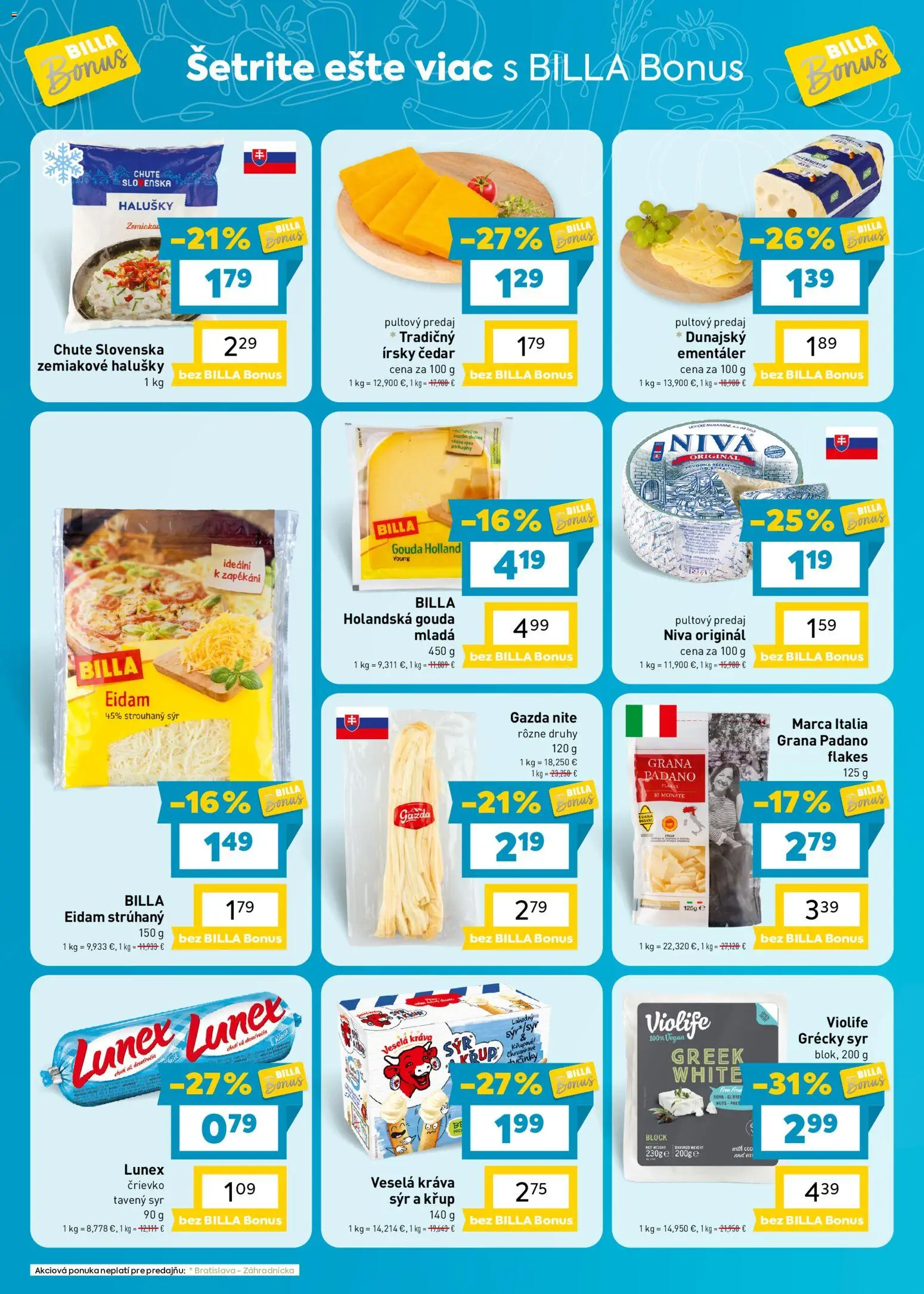 Náhľad Billa letáku platného od 28.10.2026 - Syr, Niva, Cheddar, Grana Padano, Gouda, Eidam, Tavený syr, Eidam 45%