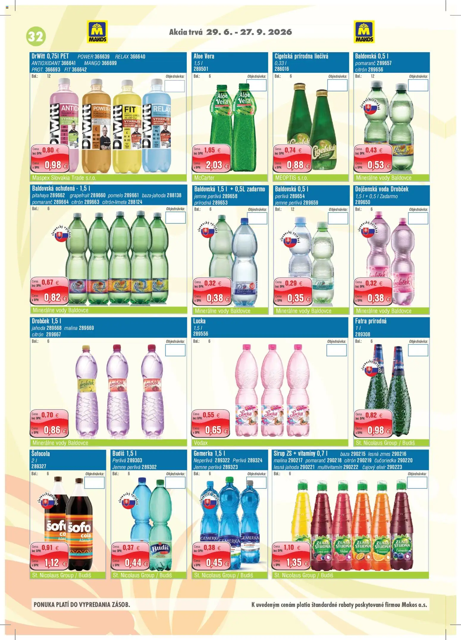 Náhľad Makos letáku platného od 29.06.2026 - Voda, Aloe Vera, Pomelo, Sirup, Multivitamín, Grapefruit, Lucka, Dojčenská voda