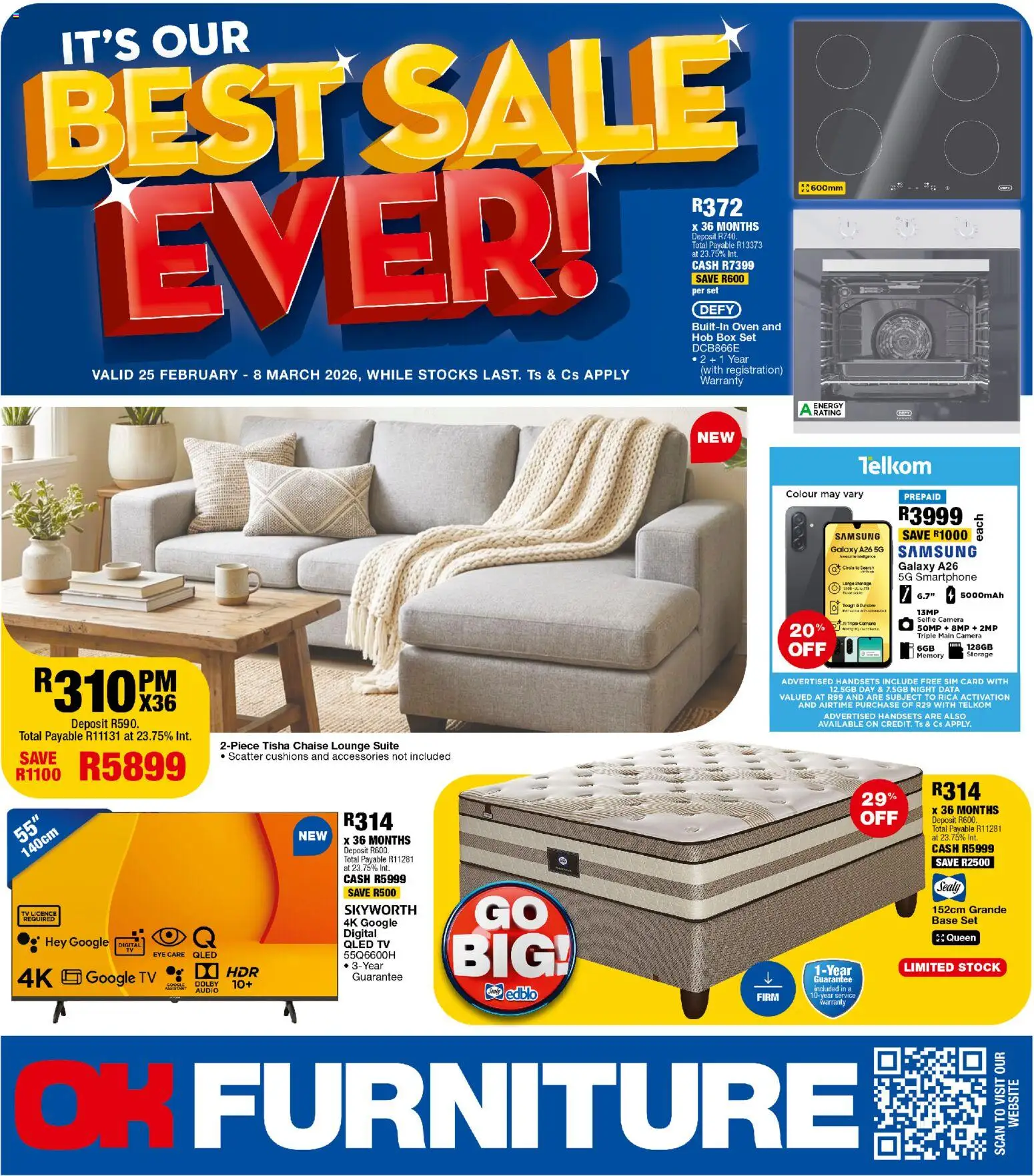 Preview of OK Furniture flyer valid from 25/02/2026 - Camera, TV, Lounge suite, Box, Oven, Stock, Audio, Hob