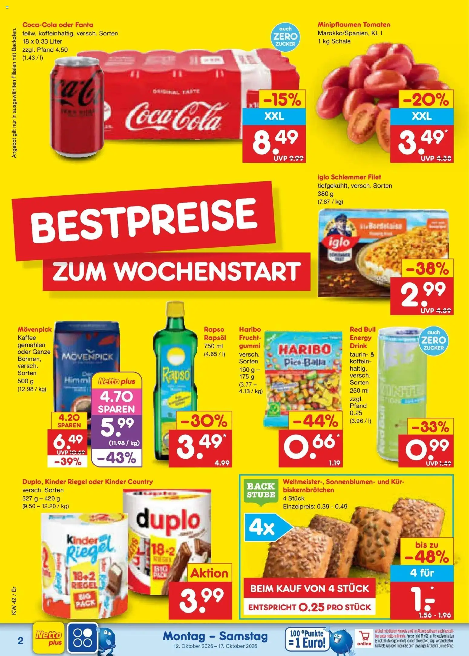 Vorschau von dem Prospekt des Geschäftes Netto Marken-Discount, gültig ab dem 12.10.2026 - Kaffee, Zucker, Fanta, Energy, Rapsöl, Iglo, Kinder riegel, Kinder country