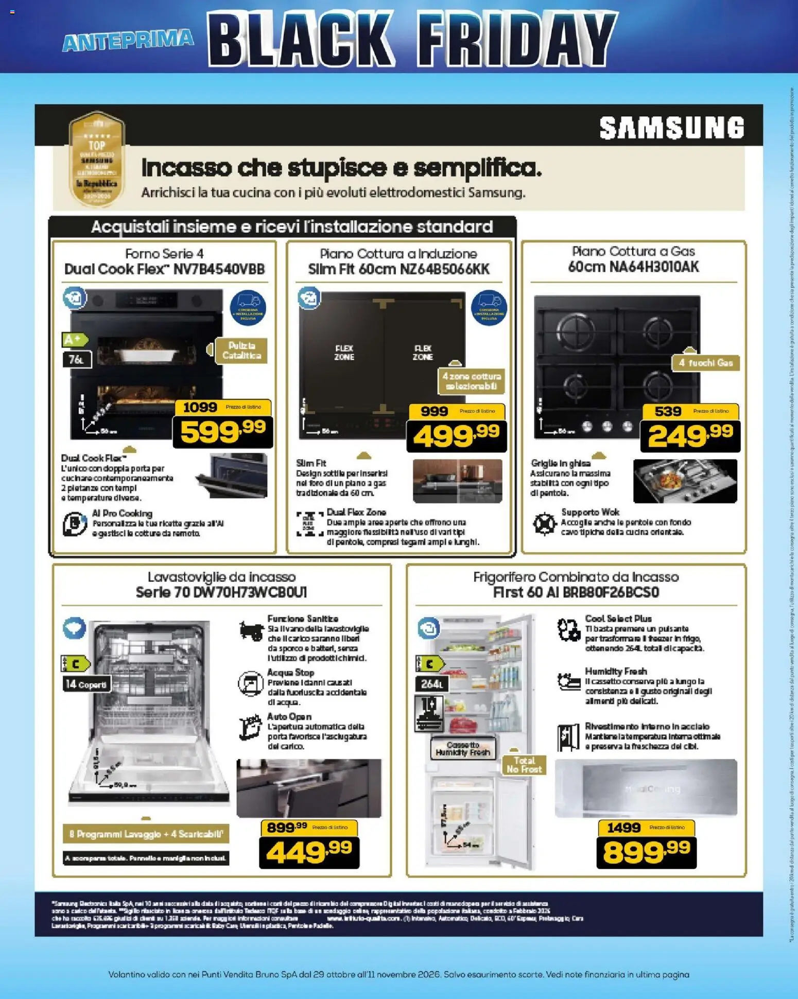 Anteprima dell'opuscolo BRUNO Black Friday dal negozio BRUNO valido da 29/10/2026 - Samsung, Acqua, Forno, Frigorifero, Lavastoviglie, Piano cottura a induzione, Piano cottura, Pentole