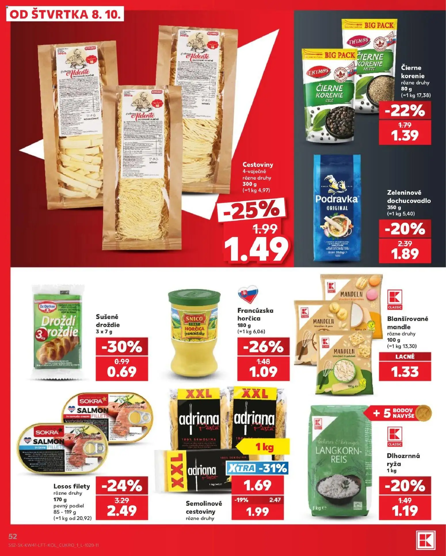 Náhľad Kaufland letáku platného od 08.10.2026 - Cestoviny, Losos, Mandle, Ryža, Korenie, Horčica, Droždie, Čierne korenie