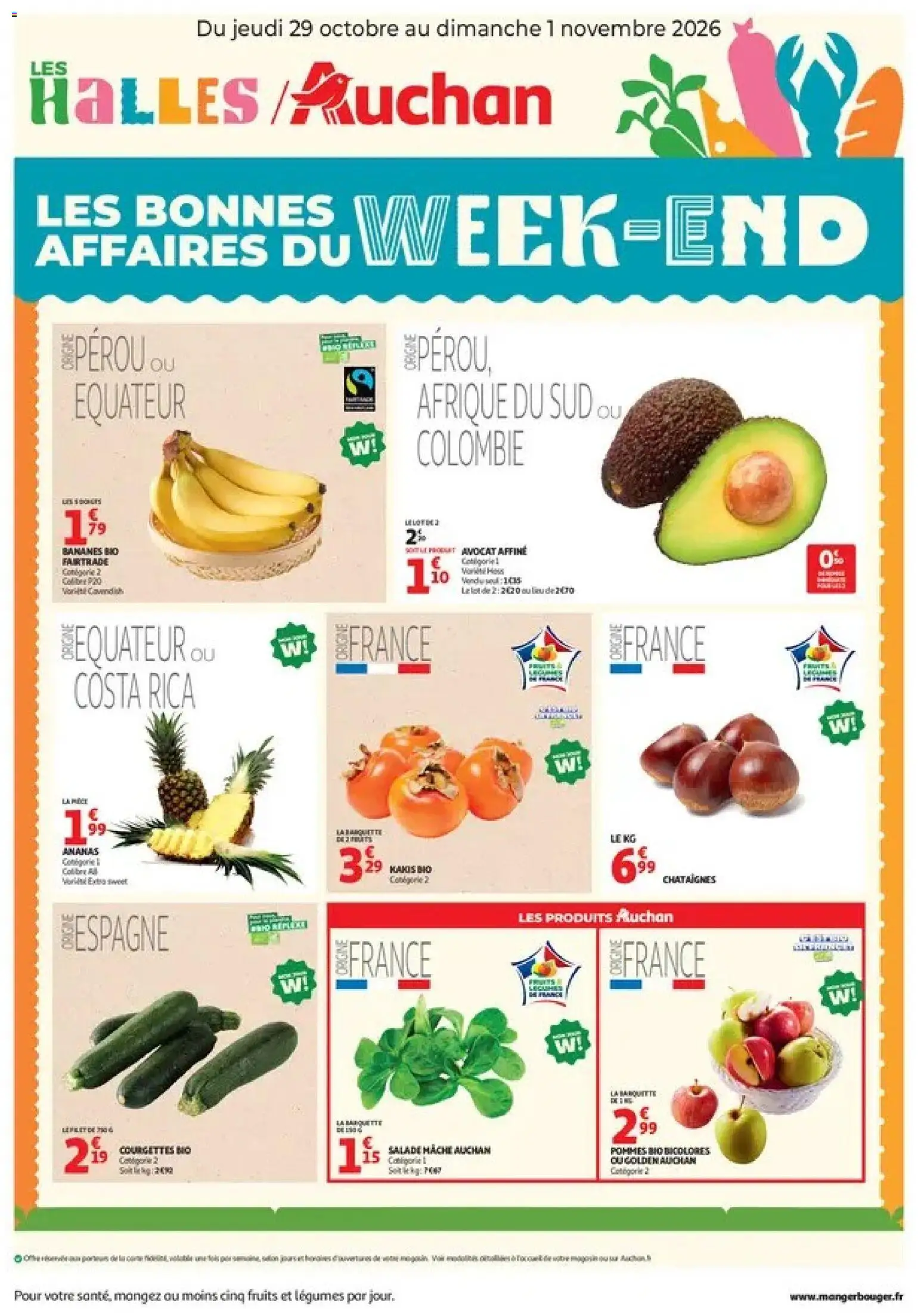 Prévisualisation de Auchan les bons plans du week-end dans votre hyper du magasin Auchan formulaire valide 29/10/2026 - Salade, Avocat, Bananes, Châtaignes, Ananas, Mâche, Pommes, Pommes bio