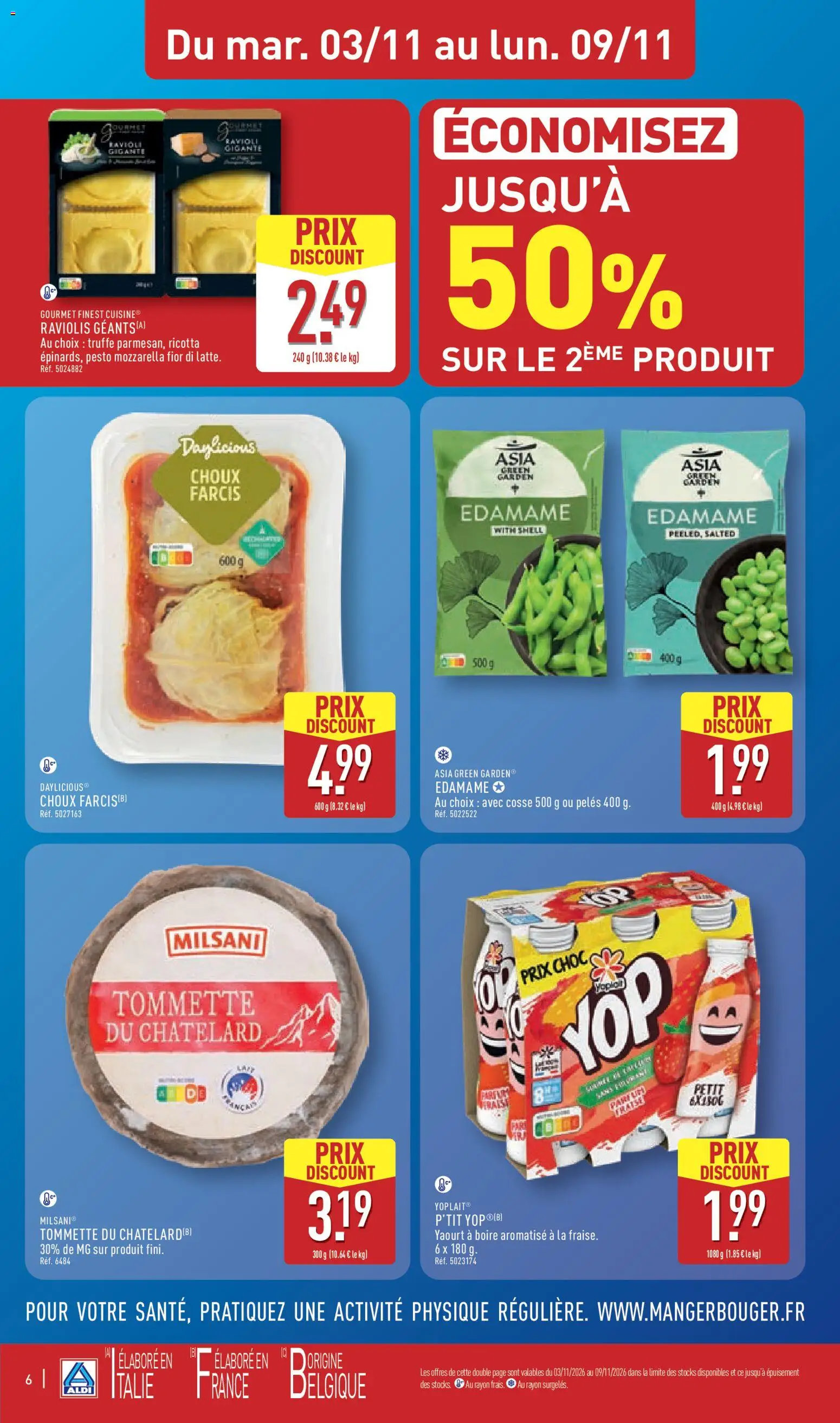Prévisualisation de Aldi catalogue du magasin Aldi formulaire valide 03/11/2026 - Edamame, Ricotta, Mozzarella, Yaourt, Pesto, Raviolis, Ravioli, Yaourt à boire