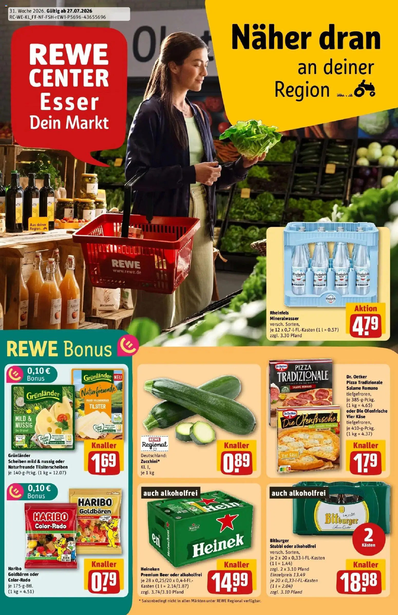 Vorschau von dem Prospekt des Geschäftes Rewe, gültig ab dem 27.07.2026 - Pizza, Käse, Haribo, Heineken, Bitburger, Weizenmehl, Ofenfrische, Grunlander