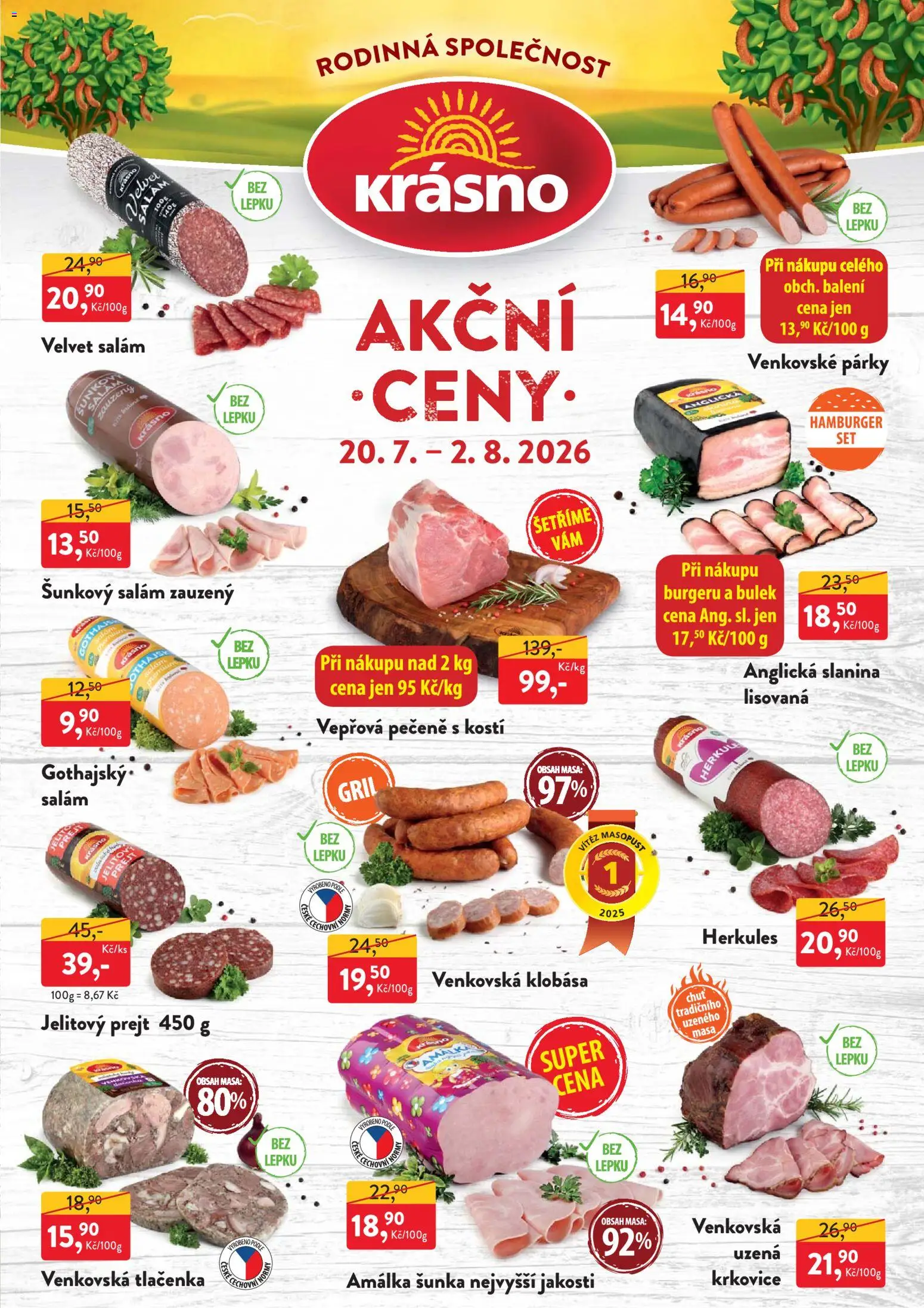Náhled nabídky: MP Krásno MP Krásno leták platný od 20.07.2026 - Hamburger, Šunka, Klobása, Krkovice, Tlačenka, Slanina, Anglická slanina, Šunkový salám
