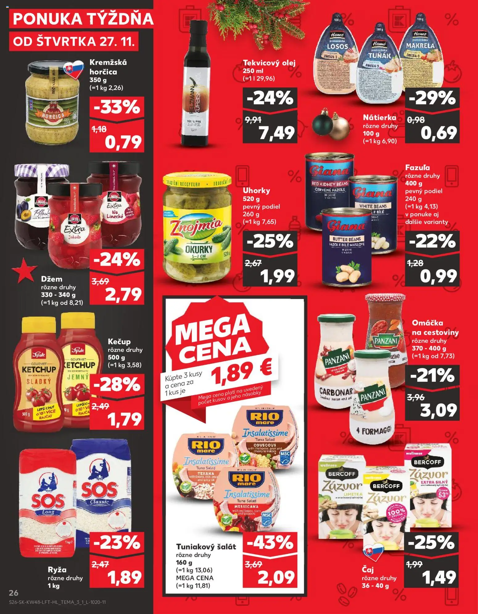 Náhľad Kaufland letáku platného od 27.11.2025 - Losos, Olej, Šalát, Čaj, Ryža, Zázvor, Nátierka, Cestoviny Panzani