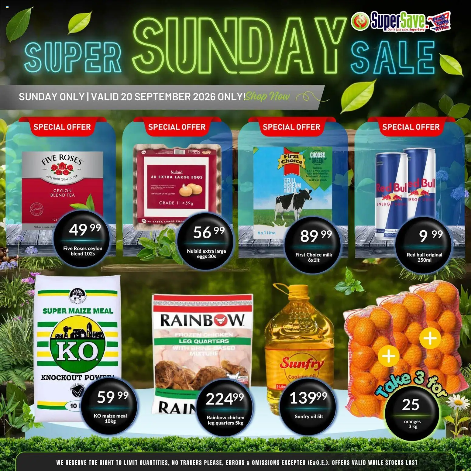 Preview of Super Save flyer valid from 20/09/2026 - Chicken, Eggs, Tea, Milk, Oil, Oranges, Maize meal, Frozen chicken