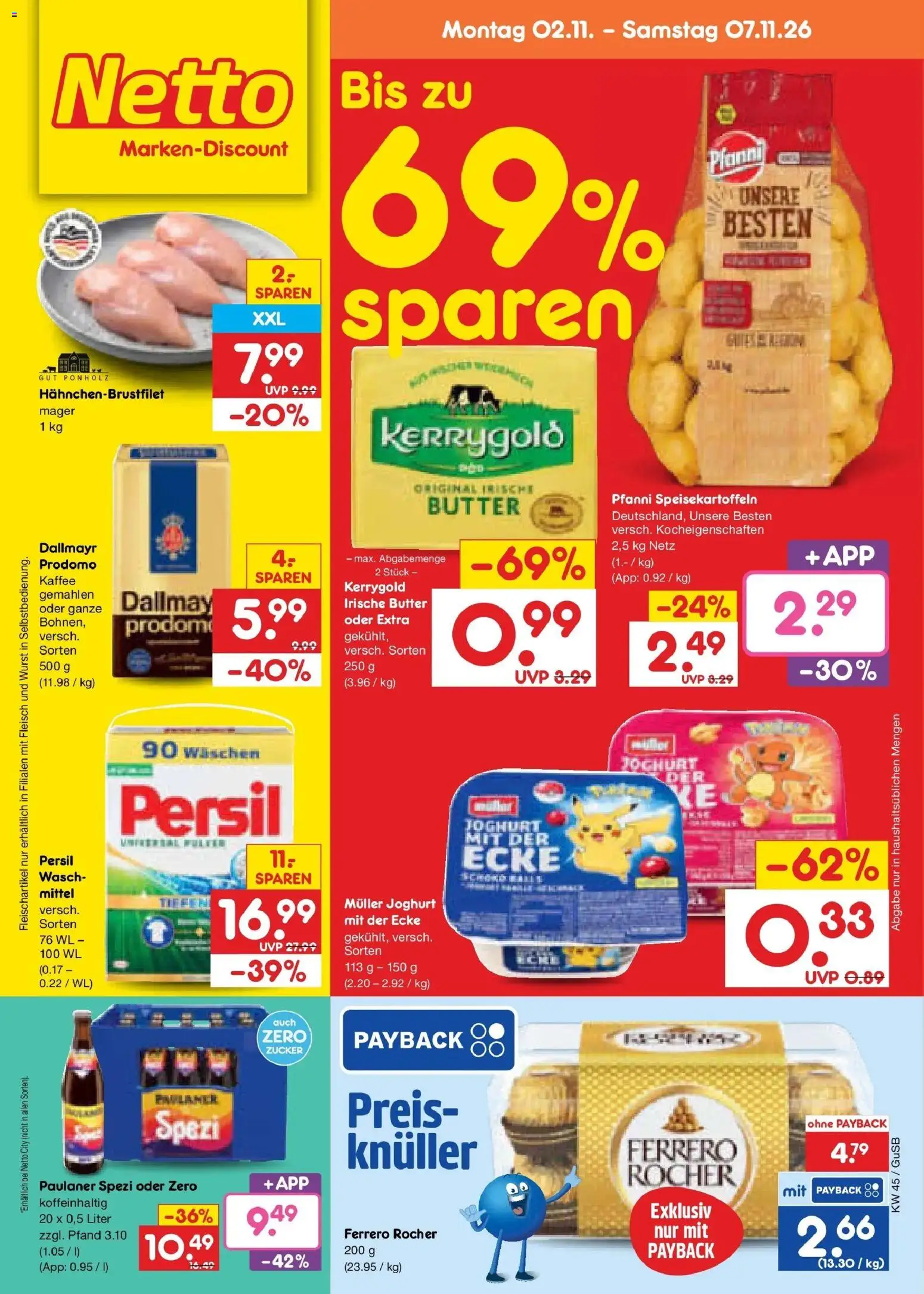 Vorschau von dem Prospekt des Geschäftes Netto Marken-Discount, gültig ab dem 02.11.2026 - Butter, Wurst, Joghurt, Fleisch, Paulaner spezi, Dallmayr, Ferrero rocher, Paulaner