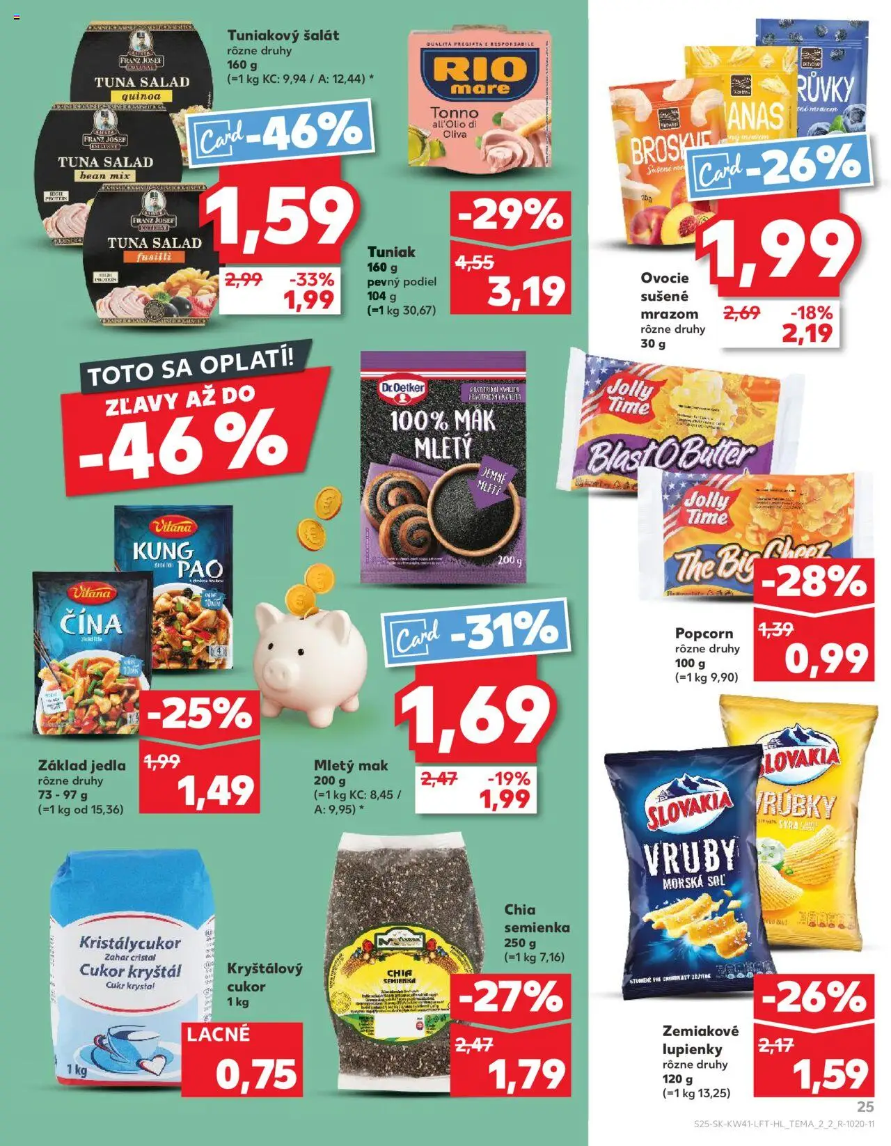 Náhľad Kaufland letáku platného od 09.10.2025 - Ovocie, Šalát, Tuniak, Soľ, Mak, Popcorn, Cukor, Kryštálový cukor