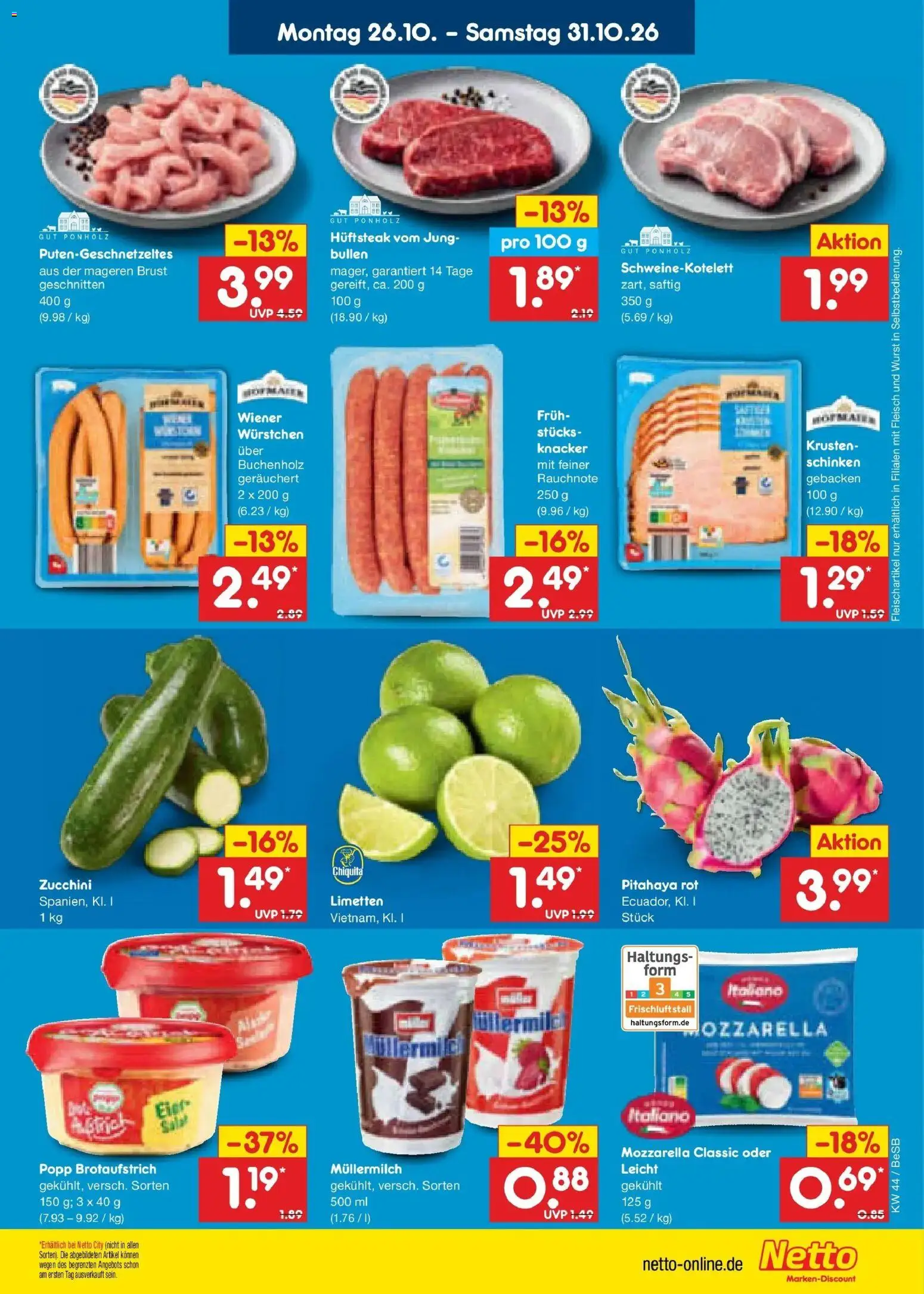 Vorschau von dem Prospekt des Geschäftes Netto Marken-Discount, gültig ab dem 28.10.2026 - Wurst, Zucchini, Mozzarella, Fleisch, Müllermilch, Schinken, Limetten