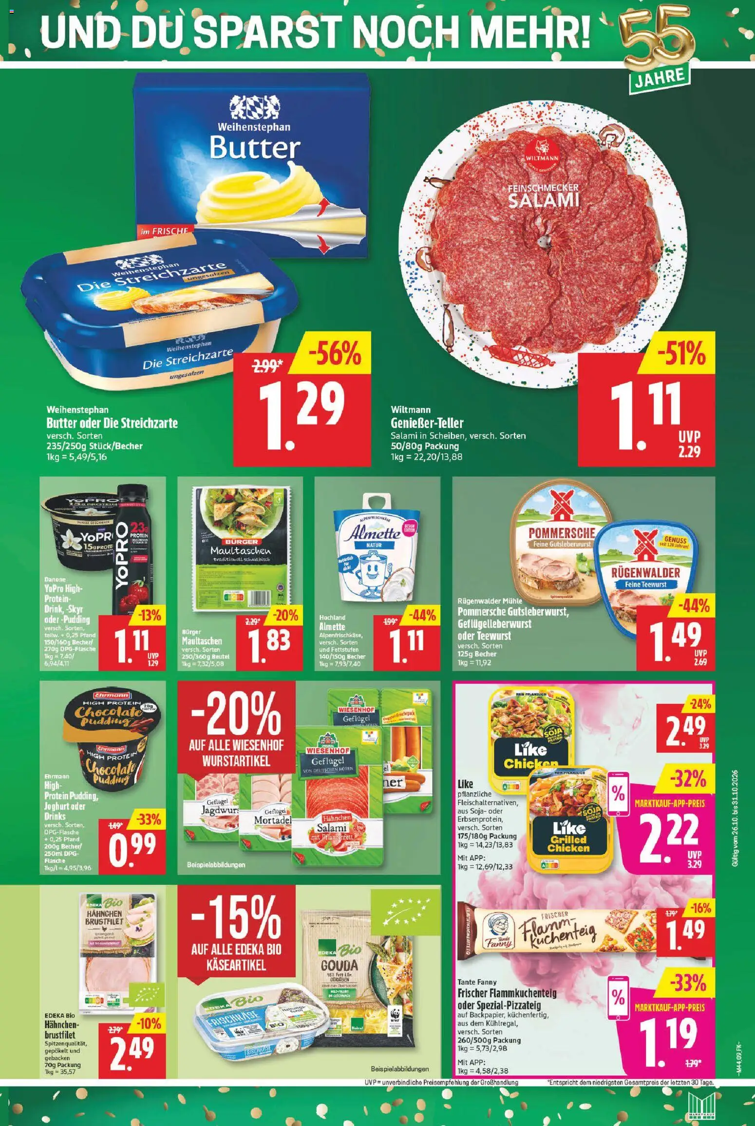 Vorschau von dem Prospekt des Geschäftes Marktkauf, gültig ab dem 26.10.2026 - Burger, Butter, Joghurt, Maultaschen, Salami, Weihenstephan butter, Almette, Hahnchen