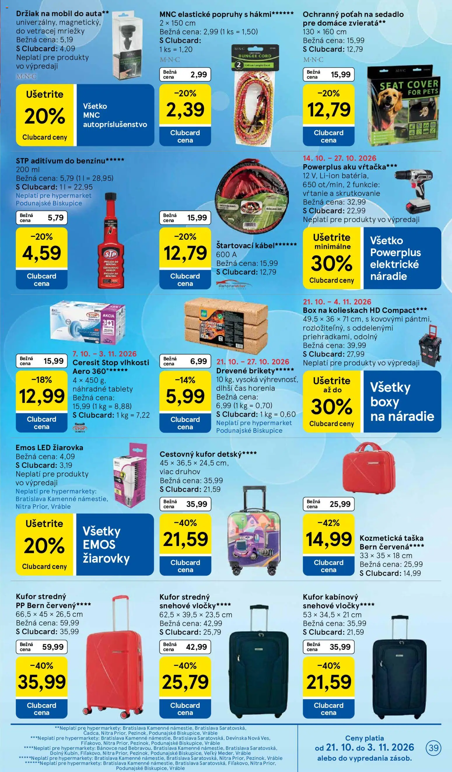 Náhľad Tesco letáku platného od 21.10.2026 - Kufor, Mobil, Brikety, Led, Taška, Žiarovka, Vločky, Žiarovky