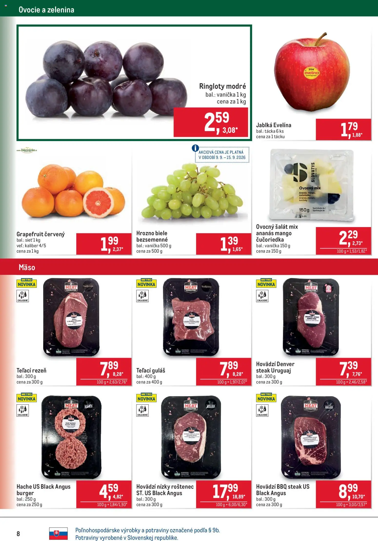 Náhľad Metro letáku platného od 09.09.2026 - Mango, Mäso, Steak, Ovocie, Zelenina, Hrozno, Jablká, Ananás