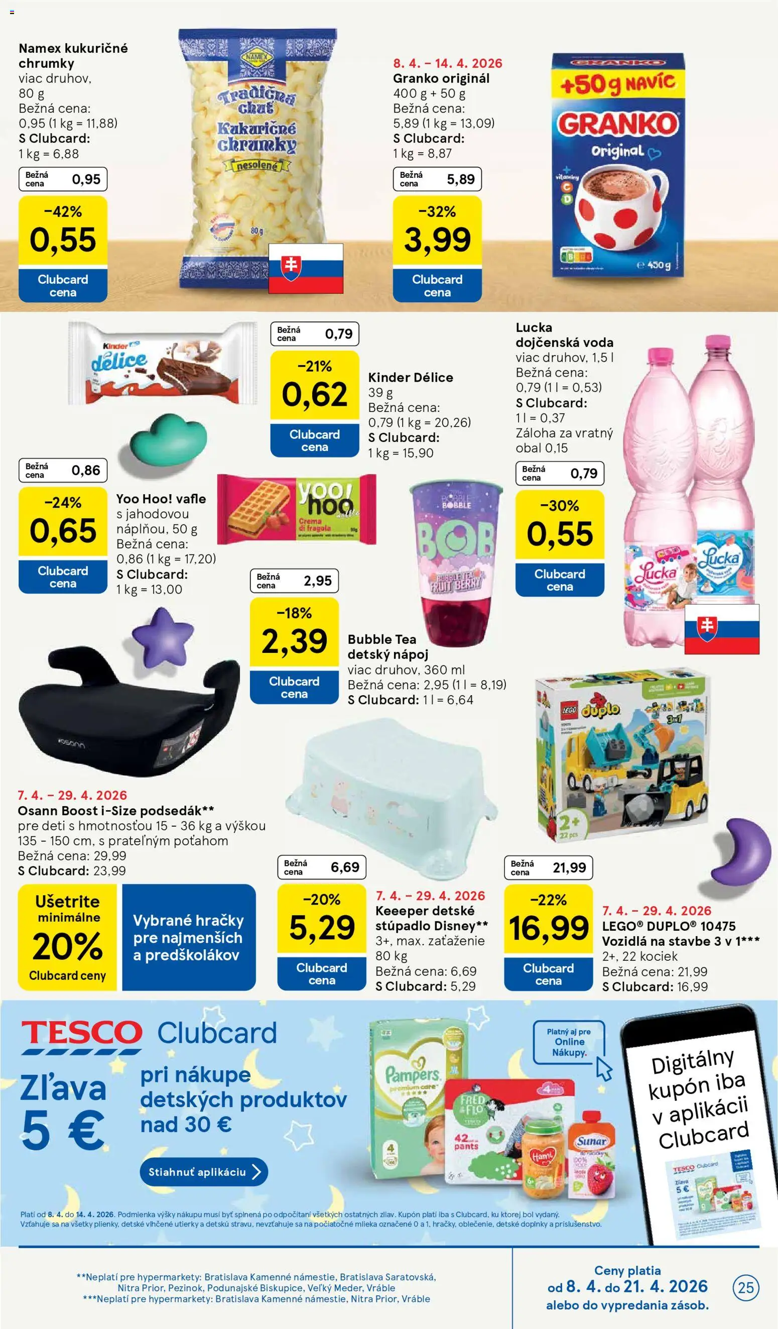 Náhľad Tesco letáku platného od 08.04.2026 - Kinder, Granko, Vafle, Sunar, Lucka, Utierky, Dojčenská voda, Detský nápoj