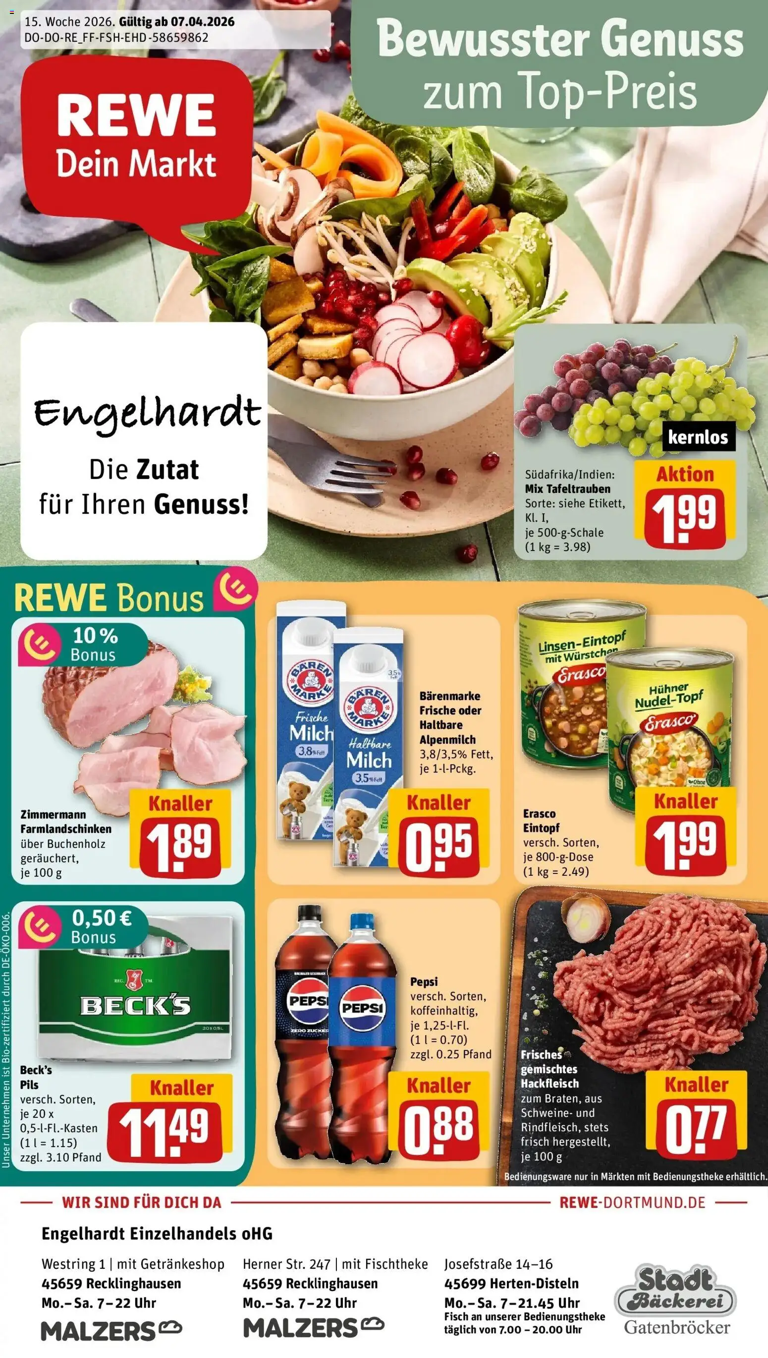 Vorschau von dem Prospekt des Geschäftes Rewe, gültig ab dem 05.04.2026 - Bäckerei, Uhr, Fisch, Milch, Hackfleisch, Zucker, Pils, Erasco