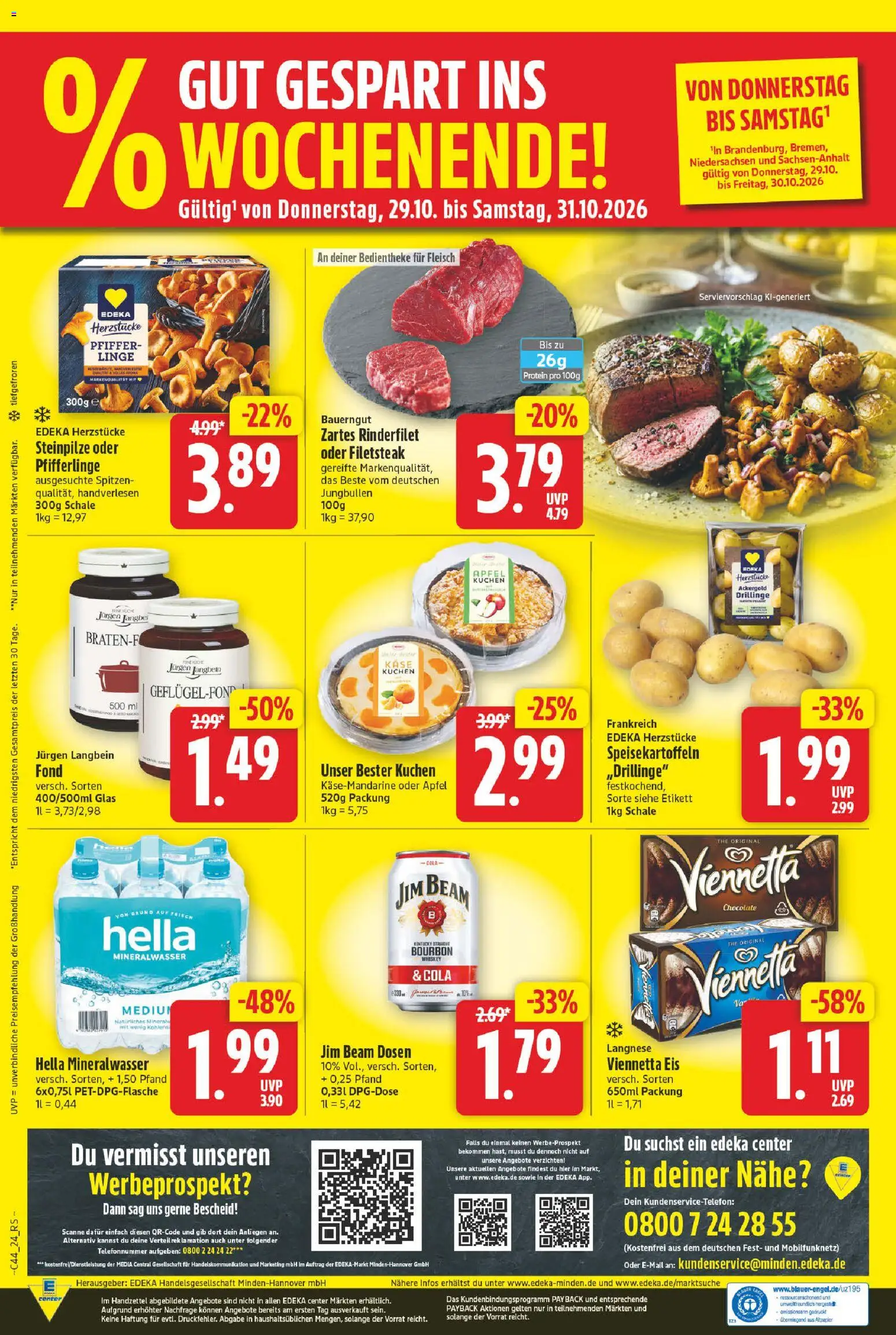 Vorschau von dem Prospekt des Geschäftes E center, gültig ab dem 26.10.2026 - Eis, Kuchen, Käse, Mineralwasser, Fleisch, Whiskey, Langnese, Bauerngut