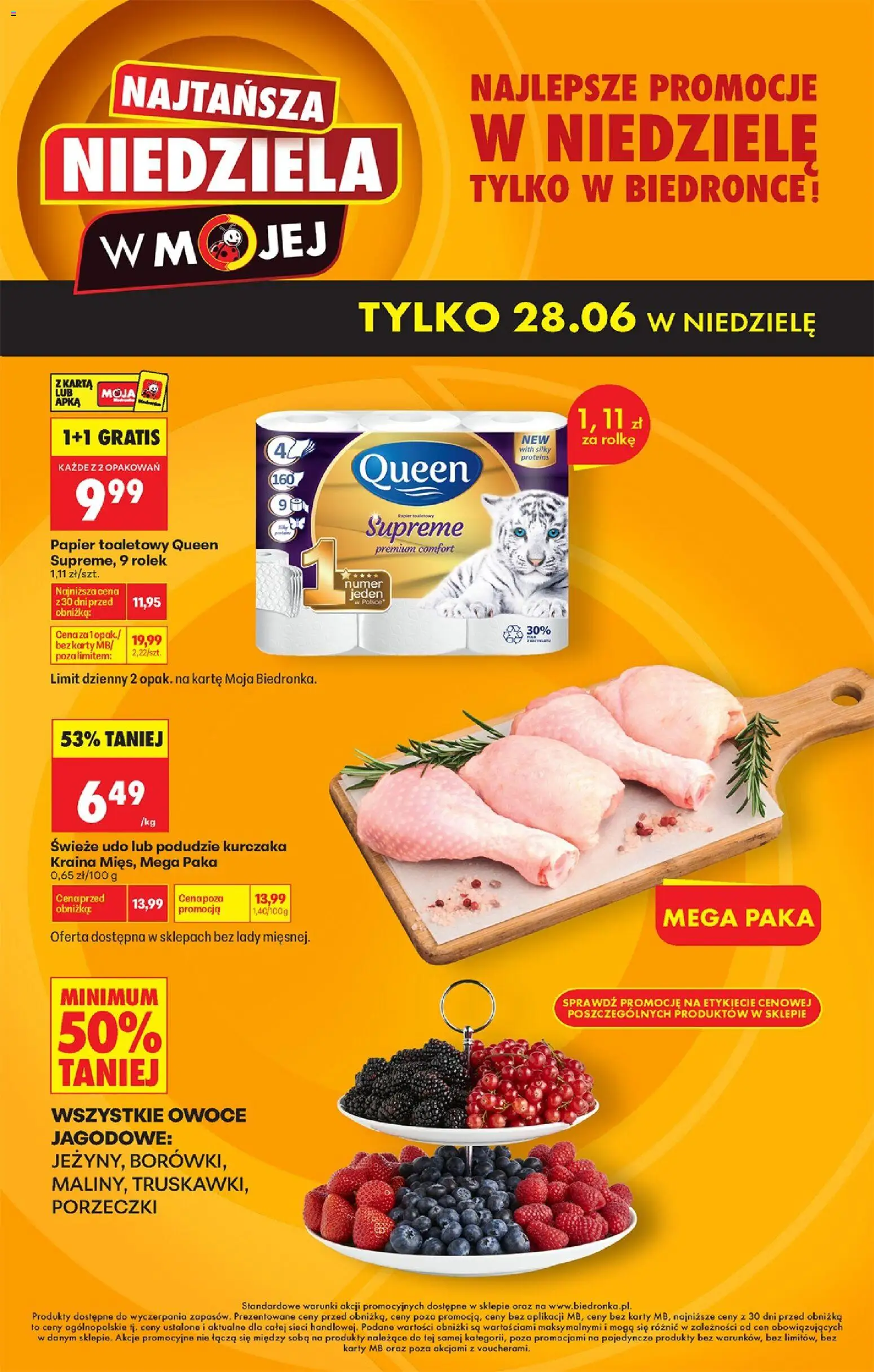 Pogląd gazetki "Biedronka gazetka - Najtańsza niedziela" ze sklepu Biedronka ważnej od 28.06.2026 - Owoce, Papier toaletowy, Karta, Papier toaletowy queen, Kraina mięs