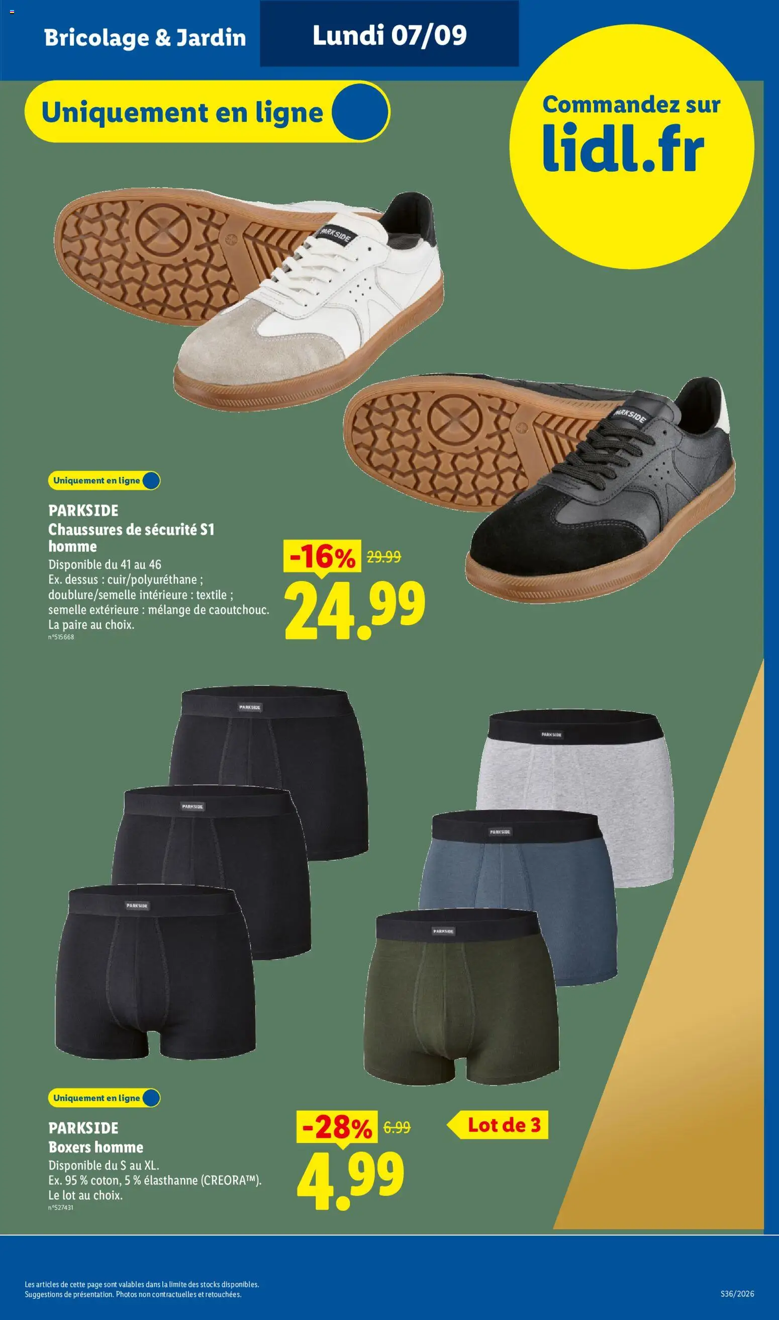 Prévisualisation de LIDL catalogue les bonnes affaires Exclu Web du magasin LIDL formulaire valide 07/09/2026 - Bricolage, Parkside, Chaussures, Chaussures de sécurité, Boxers, Boxers homme
