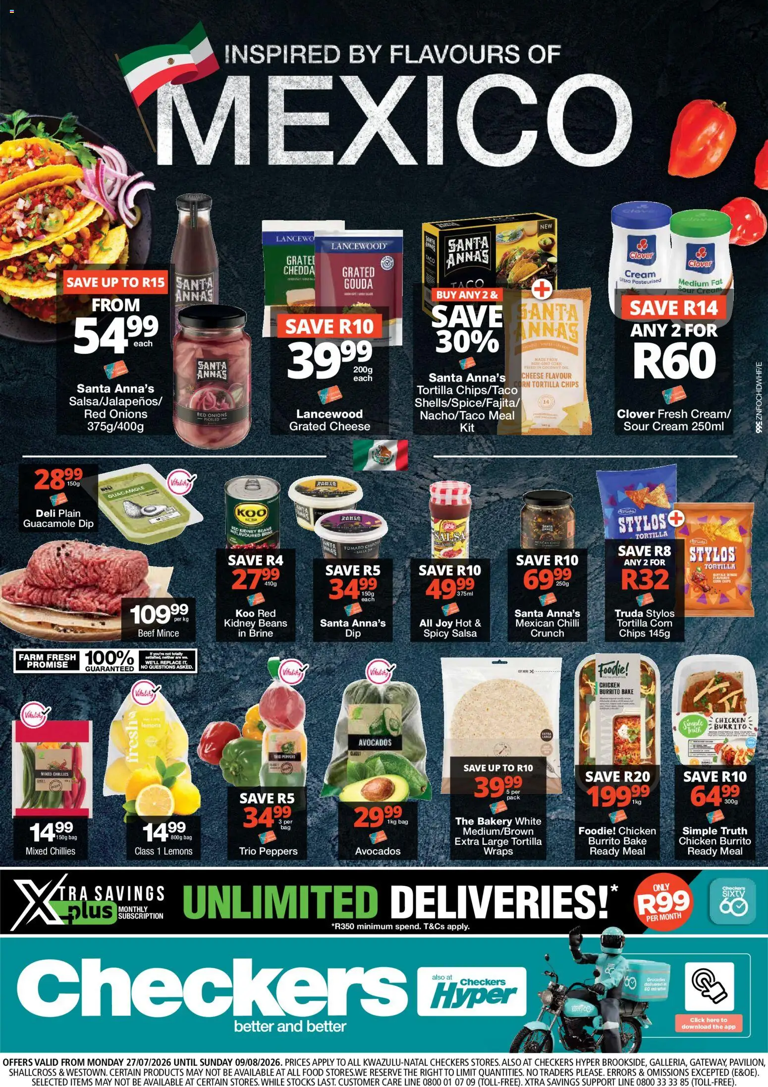 Preview of Checkers flyer valid from 27/07/2026 - Bag, Coconut oil, Avocados, Corn, Lemons, Beans, Beef, Chilli