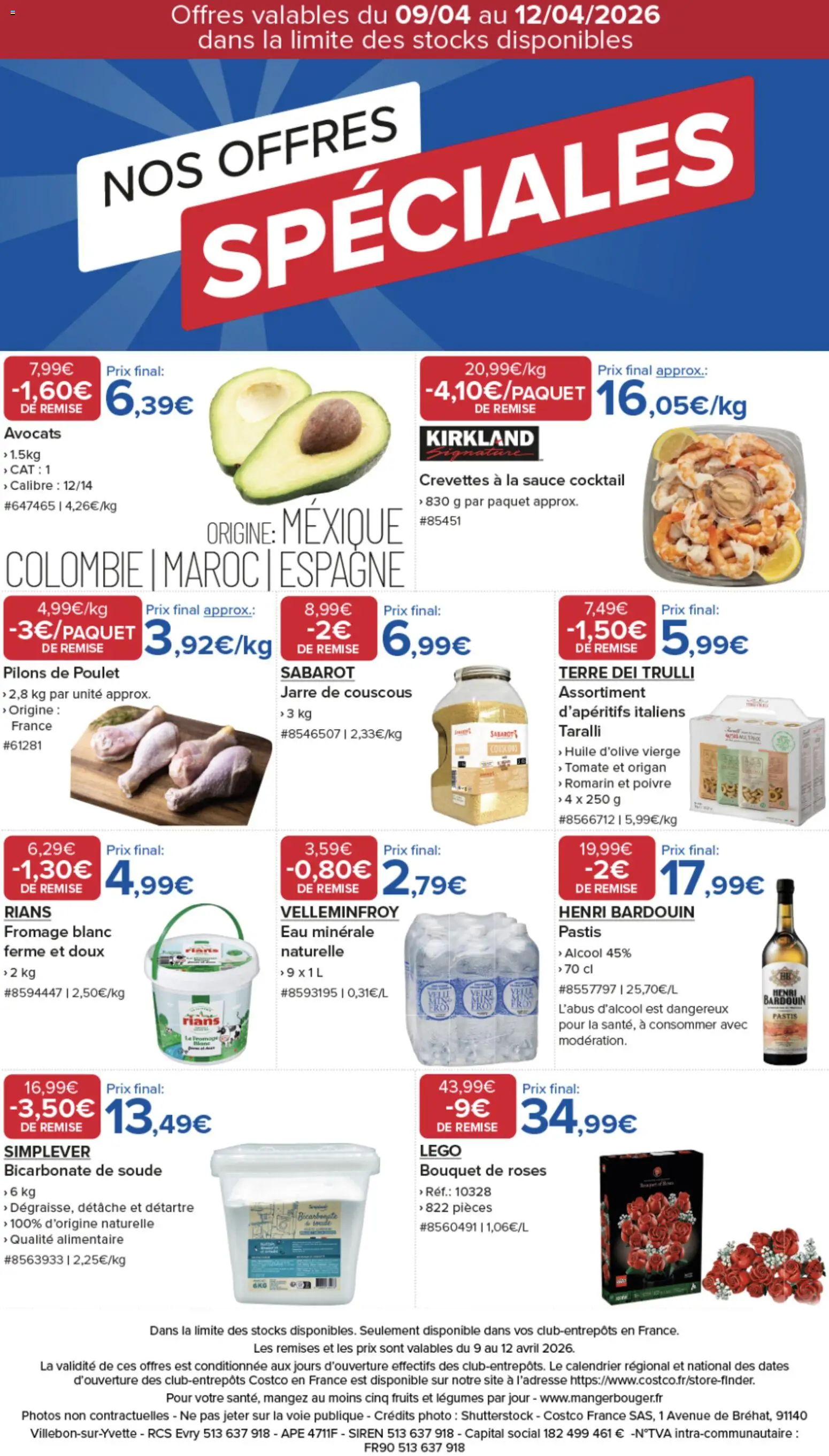 Prévisualisation de Costco Nos offres Spéciales du magasin Costco formulaire valide 09/04/2026 - Couscous, Fruits, Bicarbonate de soude, Origan, Tomate, Pilons de poulet, Légo, Avocats