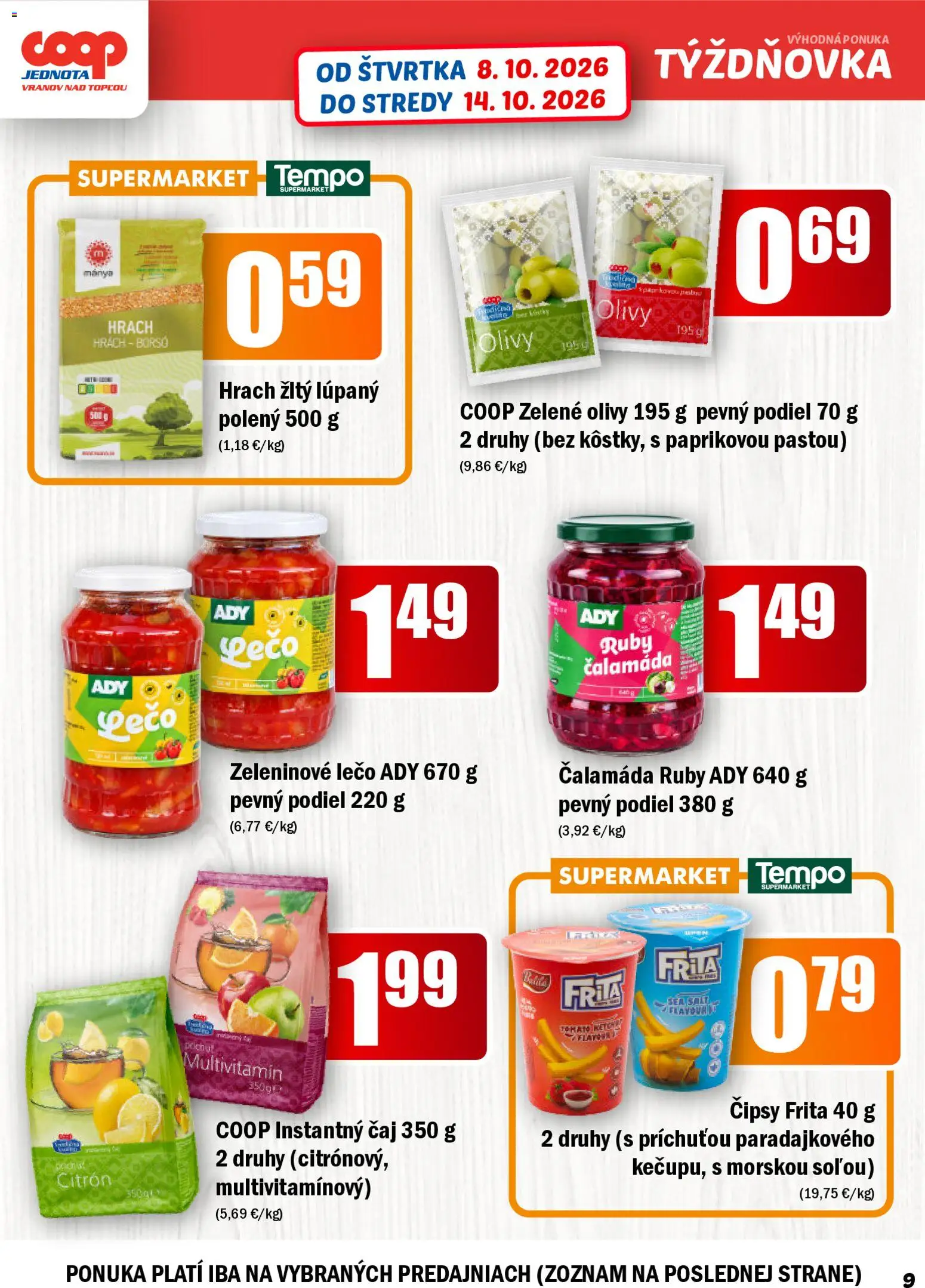 Náhľad COOP Jednota letáku platného od 08.10.2026 - Čaj, Hrach, Multivitamín, Olivy