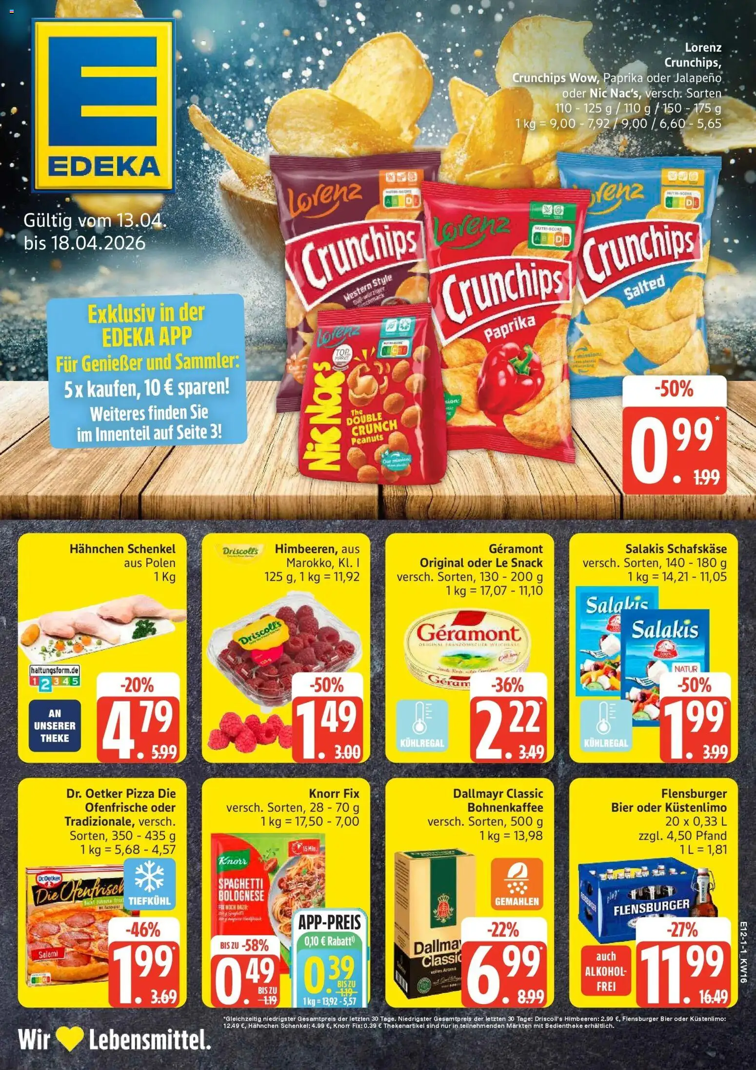 Vorschau von dem Prospekt des Geschäftes Edeka, gültig ab dem 13.04.2026 - Pizza, Flensburger, Bier, Spaghetti, Himbeeren, Dallmayr, Paprika, Hahnchen