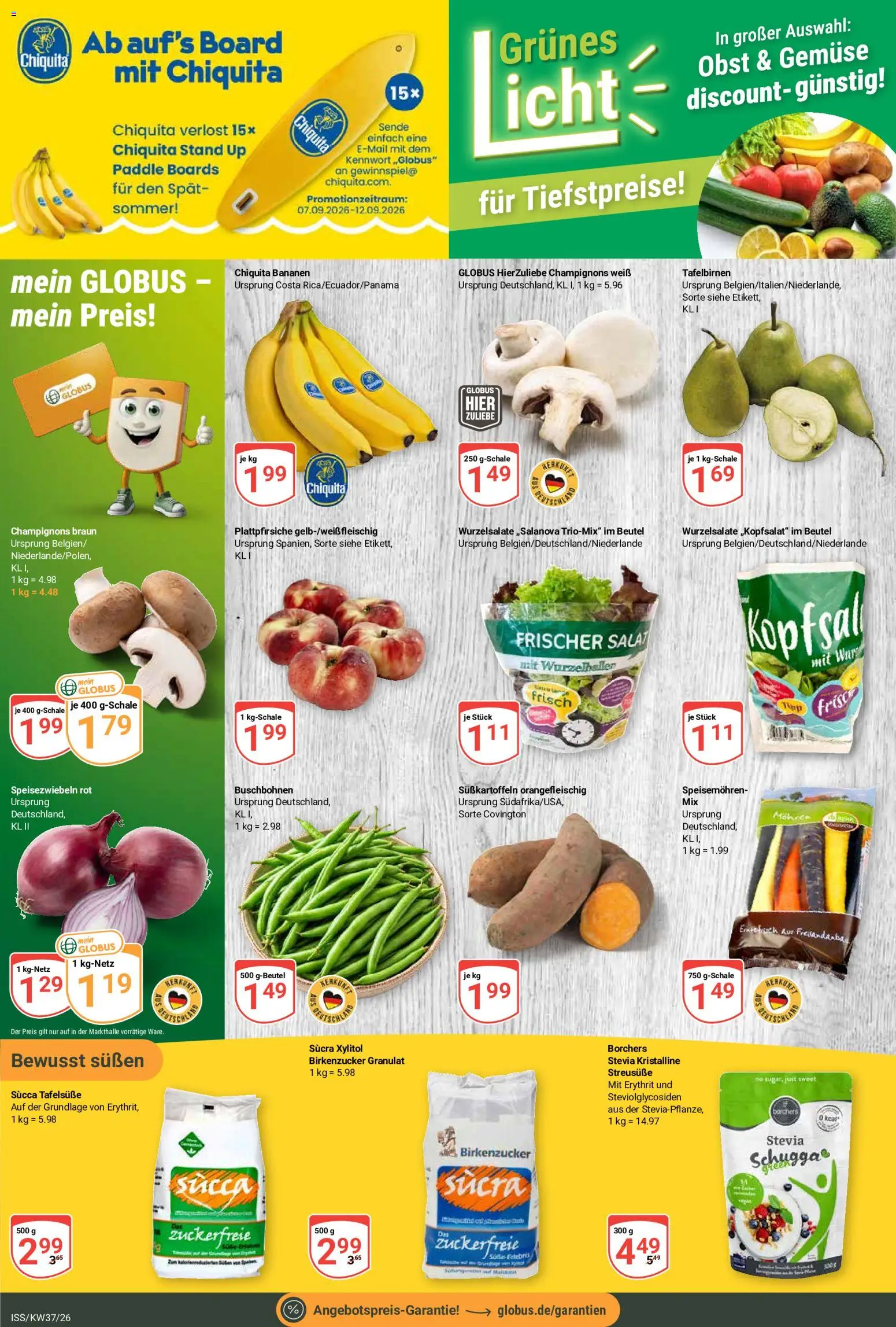 Vorschau von dem Prospekt des Geschäftes Globus, gültig ab dem 07.09.2026 - Gemüse, Salat, Bananen, Obst, Champignons, Mohren