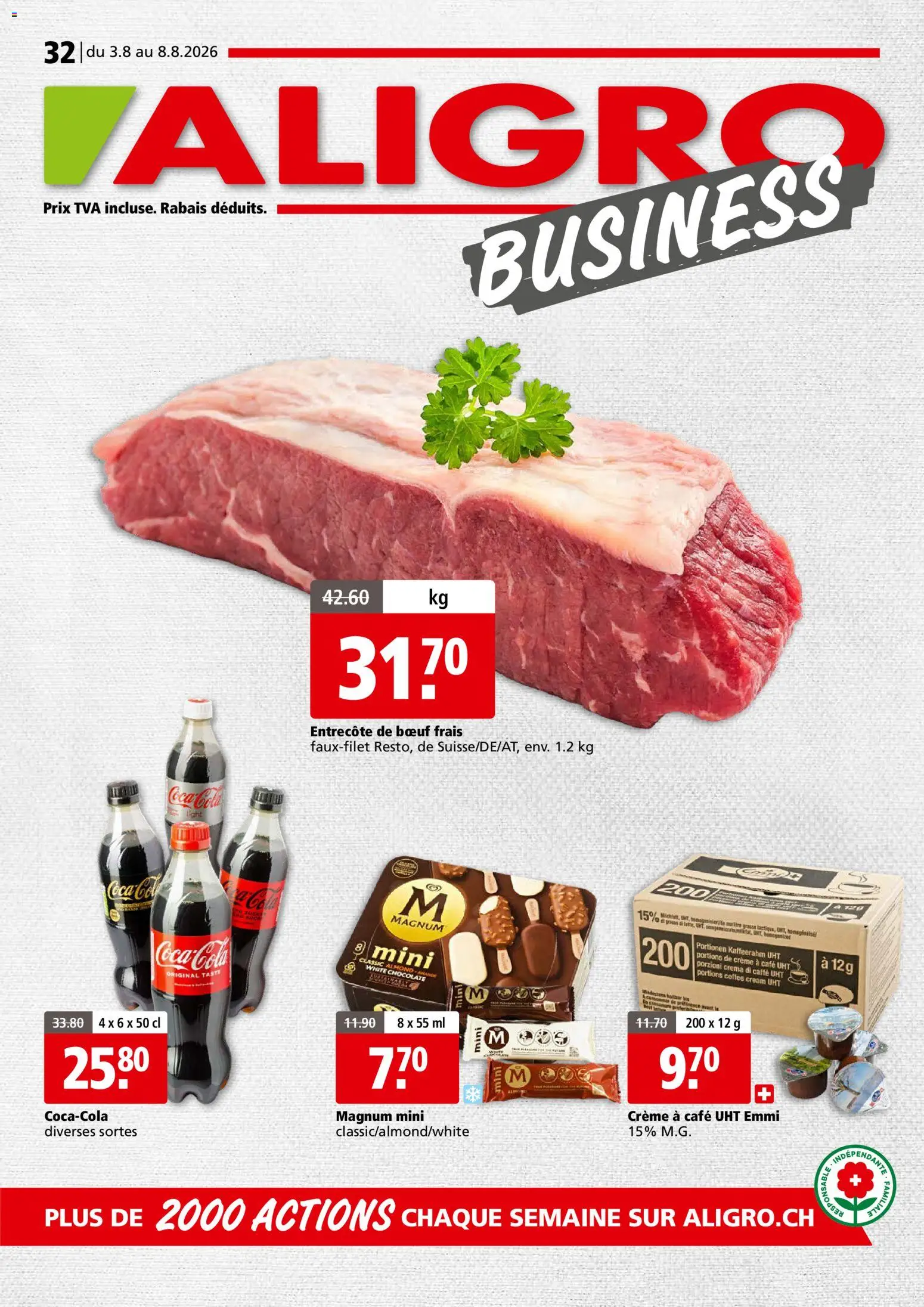 Vorschau des Merkblatts Aligro aktionen Business Chavannes, Matran, Genève, Sion vom Shop Aligro gültig von 03.08.2026 bis 08.08.2026 - Coca Cola, Magnum, Creme