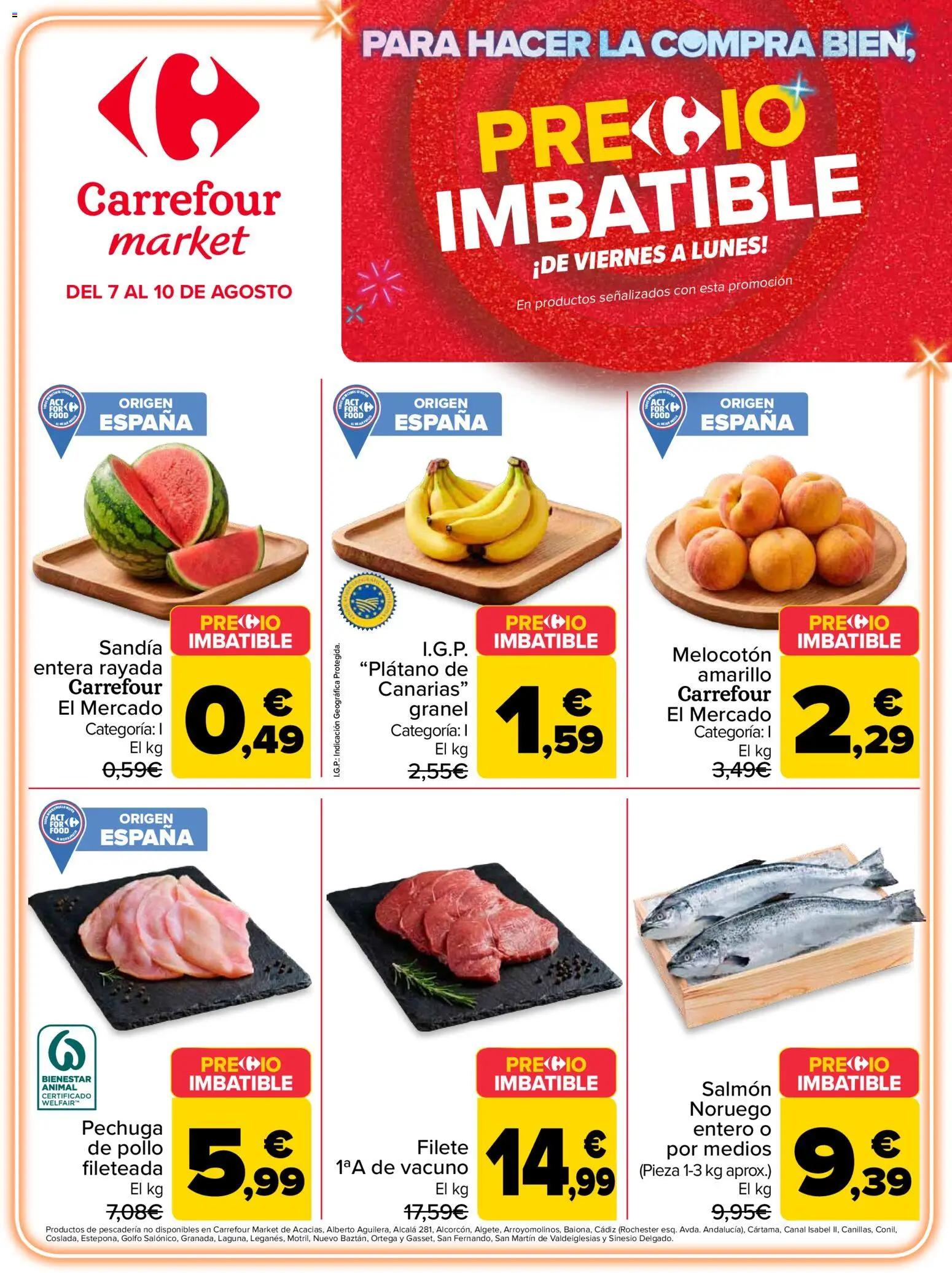 Vista previa del folleto de la tienda Carrefour Market válido desde el 07/08/2026 - Sandía, Salmón, Filete, Pollo entero, Pollo