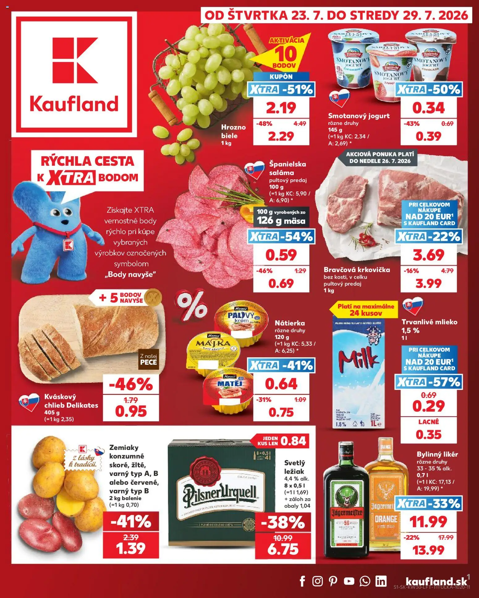 Náhľad Kaufland letáku platného od 23.07.2026 - Mlieko, Zemiaky, Bravčová krkovička, Nátierka, Saláma, Krém, Bylinný likér, Trvanlivé mlieko