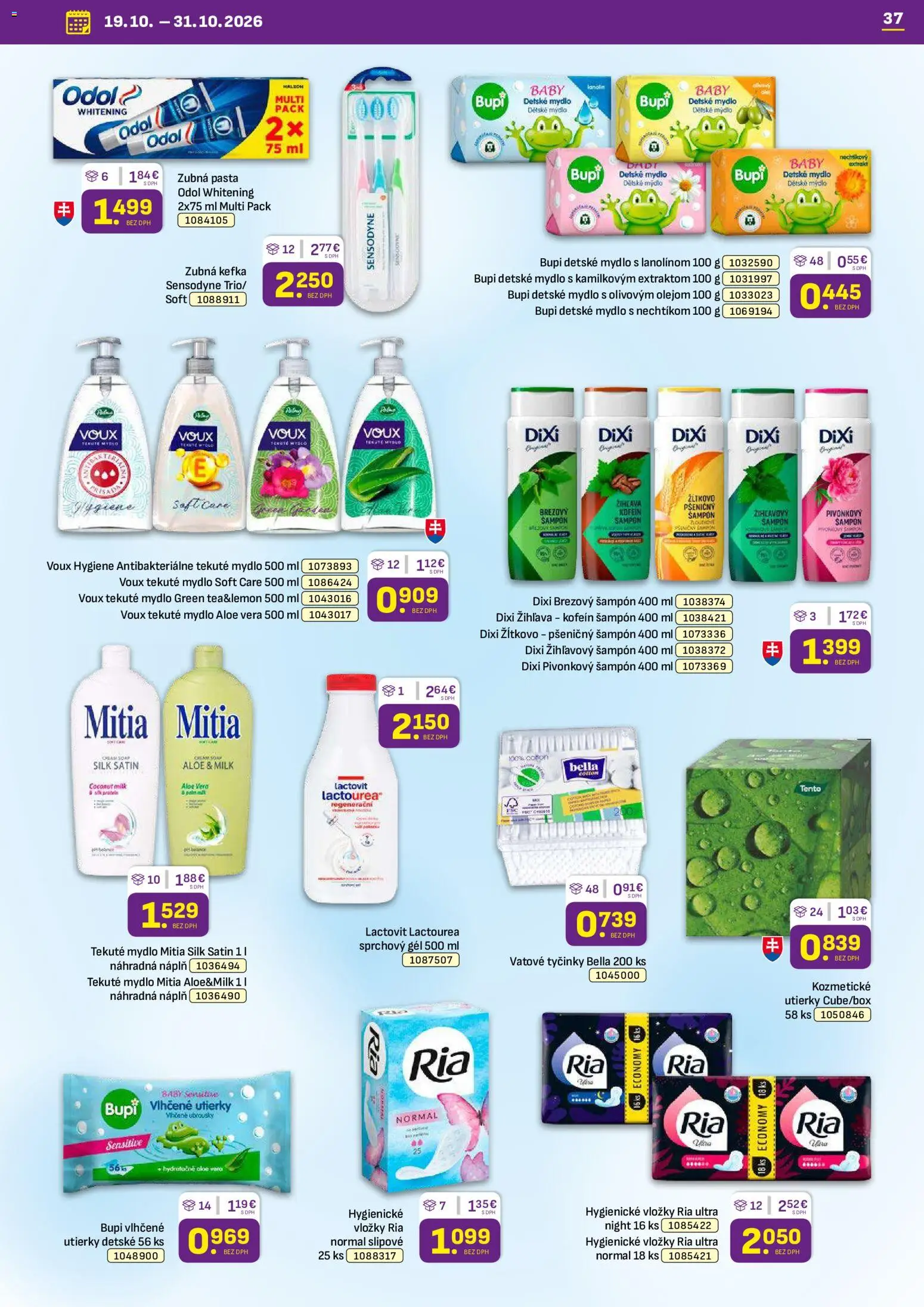 Náhľad Libex letáku platného od 19.10.2026 - Aloe Vera, Šampón, Mydlo, Lactovit, Zubná pasta, Utierky, Zubná kefka, Sprchový gél