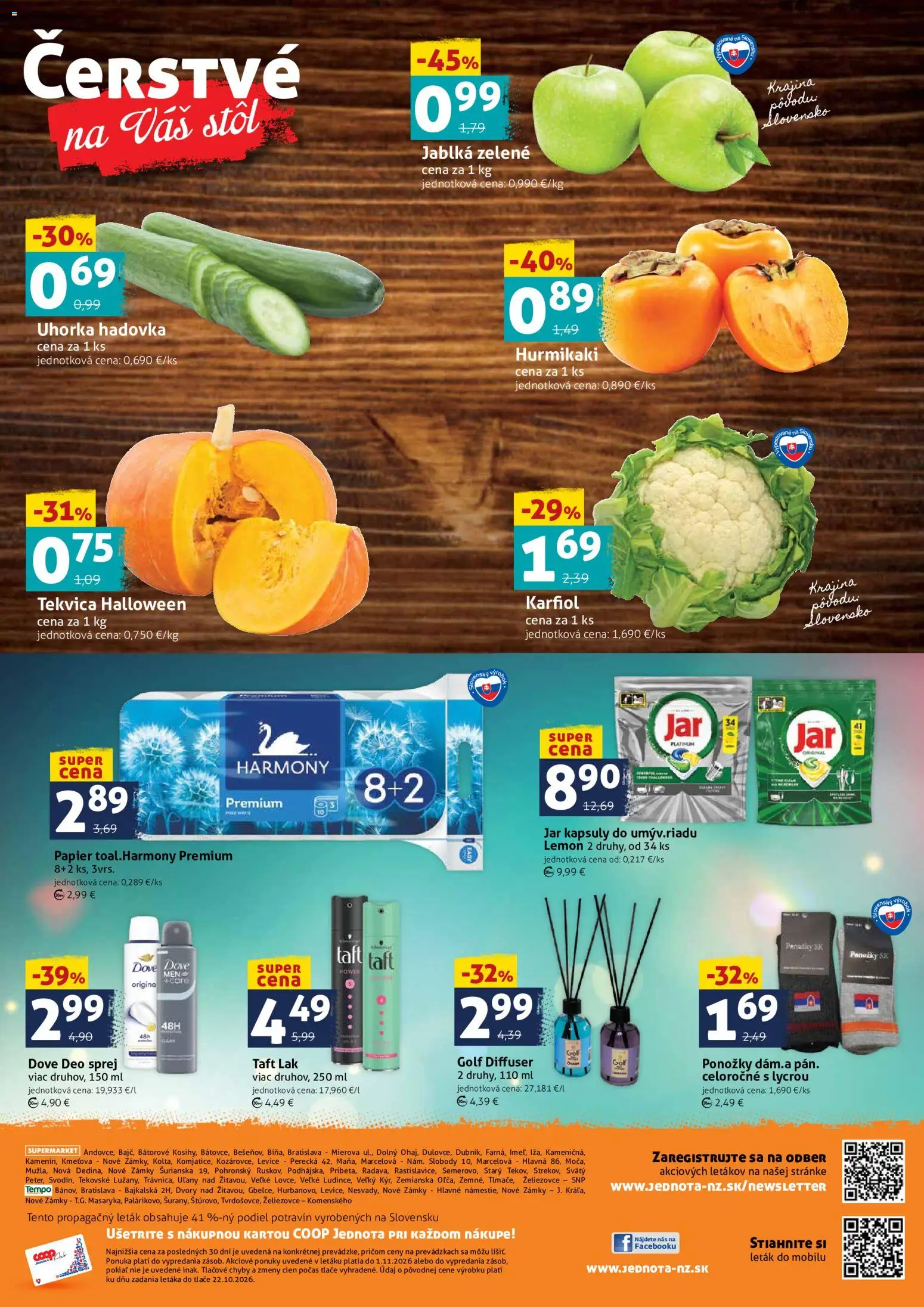 Náhľad COOP Jednota letáku platného od 30.10.2026 - Hurmikaki, Jar, Tekvica, Ponožky, Karfiol, Uhorka, Jablká, Hadovka