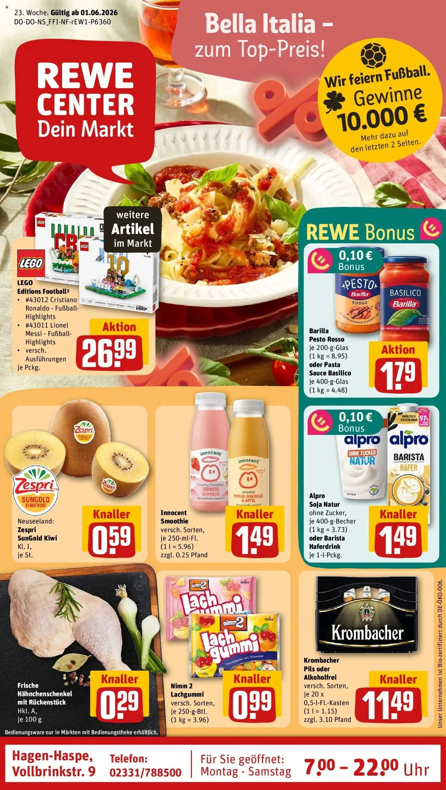 Vorschau von dem Prospekt des Geschäftes Rewe, gültig ab dem 01.06.2026 - Fußball, Uhr, Pasta, Kiwi, Zucker, Hahnchenschenkel, Barilla pesto, Pils