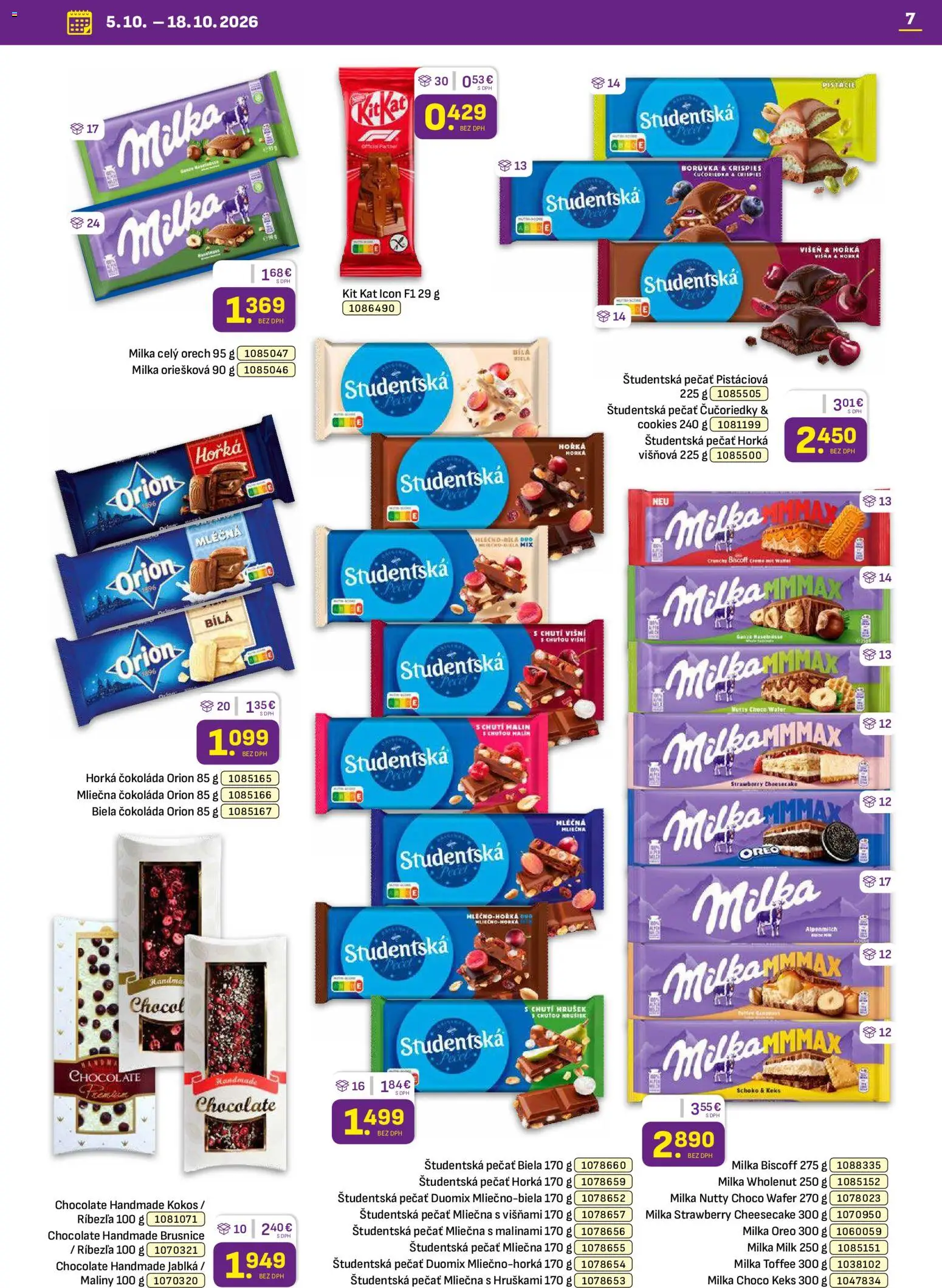 Náhľad Libex letáku platného od 05.10.2026 - Čokoláda, Čučoriedky, Milka, Kokos, Oreo, Maliny, Študentská pečať, Jablká