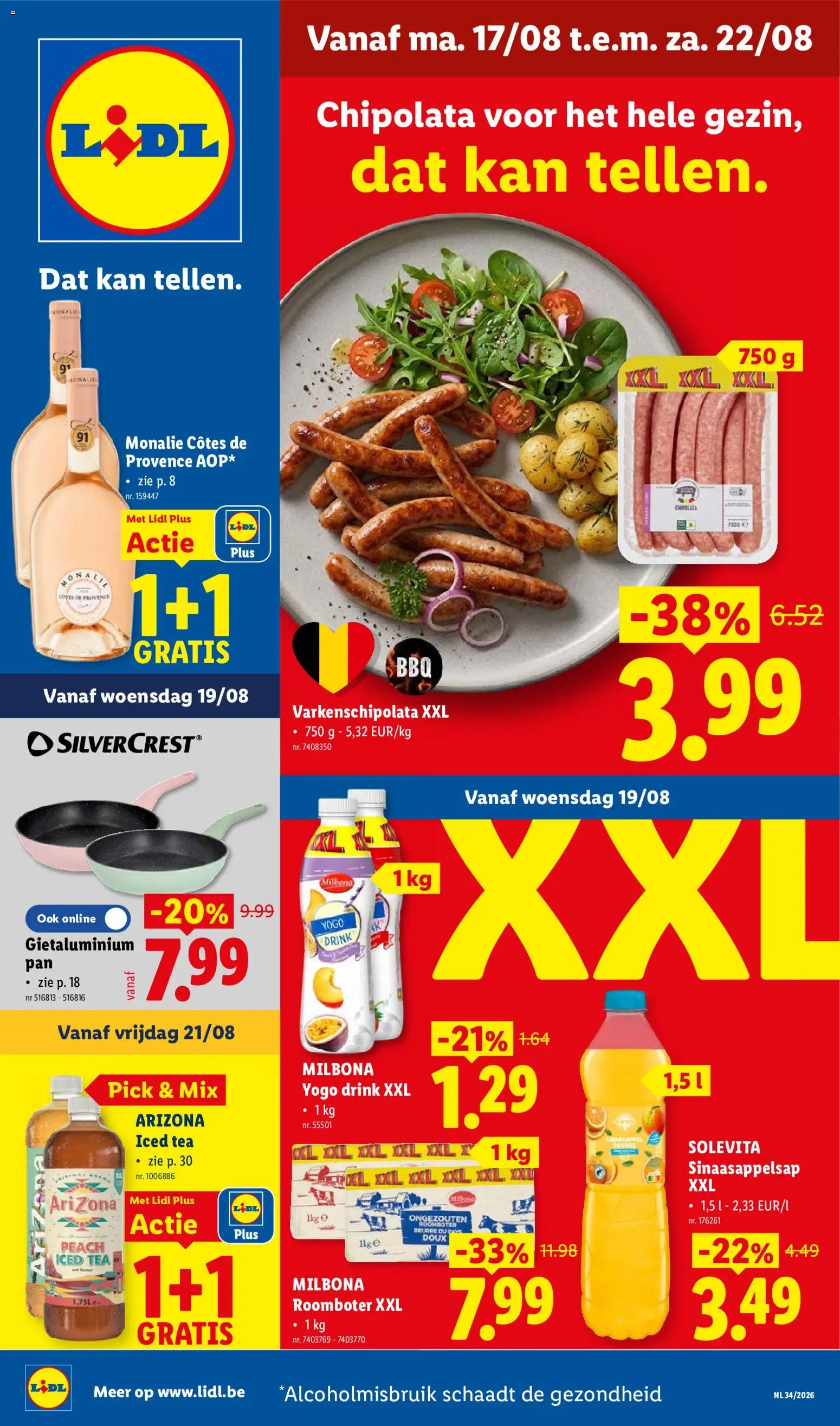 Voorbeeld van Lidl Folder week 34 van winkel Lidl geldig vanaf 17/08/2026 - Pan, Chipolata, Kan, Roomboter, Sinaasappelsap