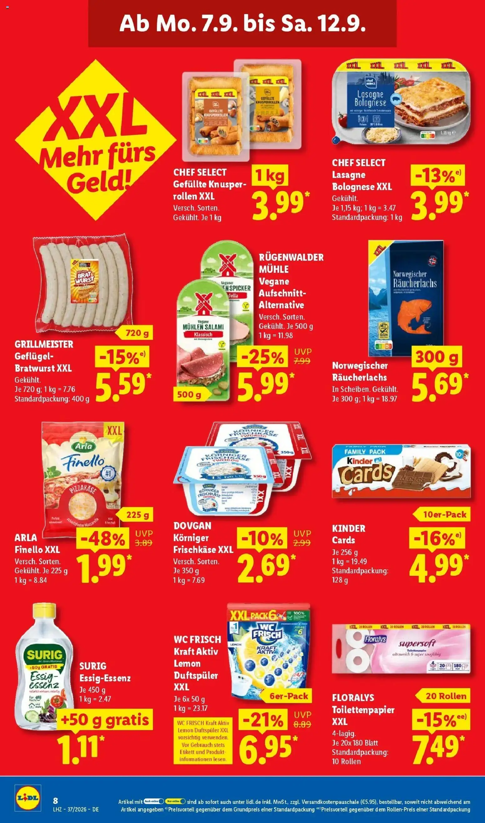 Vorschau von dem Prospekt des Geschäftes Lidl, gültig ab dem 07.09.2026 - Pizza, Lasagne, Wurst, Bratwurst, Mühle, Salami, Essig, Frischkase