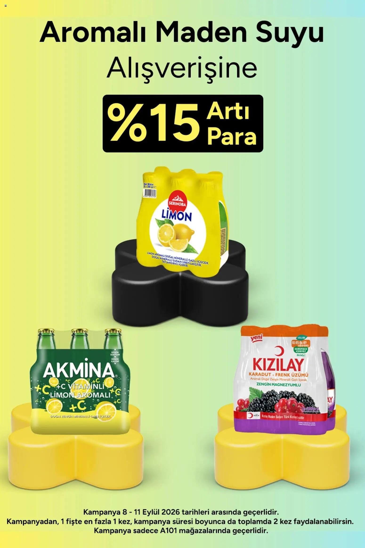 A101 A101 - Arti 08.09.2026 - Broşürünün önizlemesi - Limon, Frenk üzümü, Maden suyu, Tatlandırıcı, Gazlı içecek