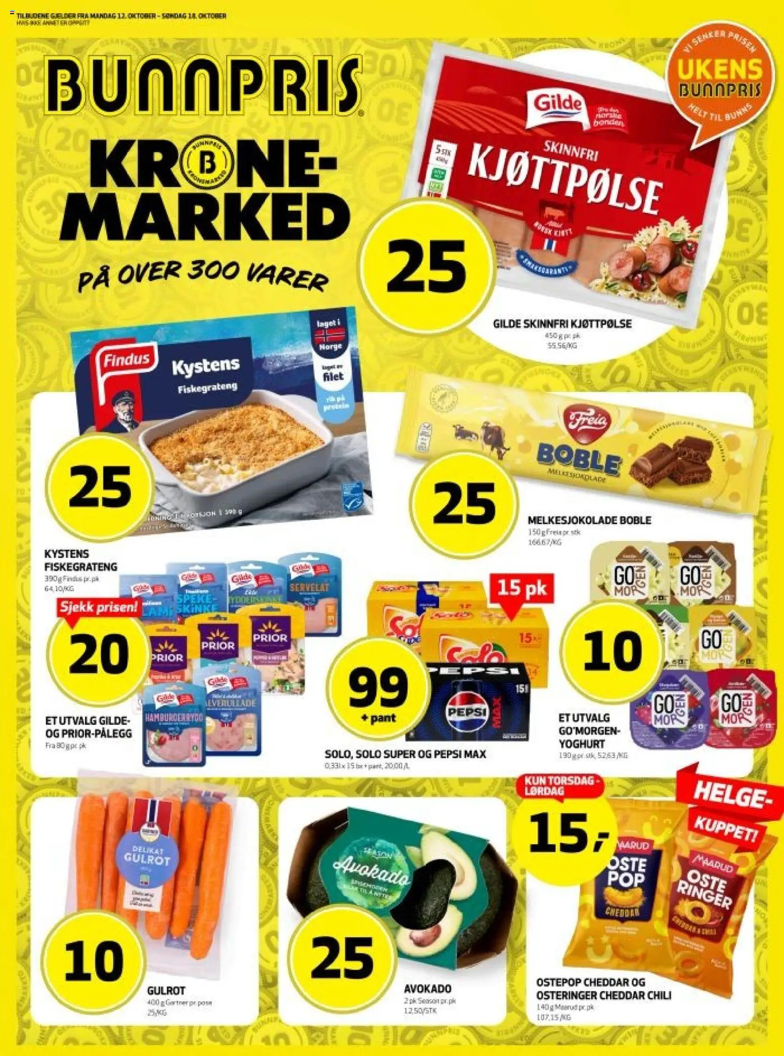 Forhåndsvis Bunnpris kundeavis fra butikk Bunnpris gyldig fra 12/10/2026 - Chili, Pepsi Max, Gulrot, Servelat, Pc, Avokado, Fiskegrateng, Cheddar